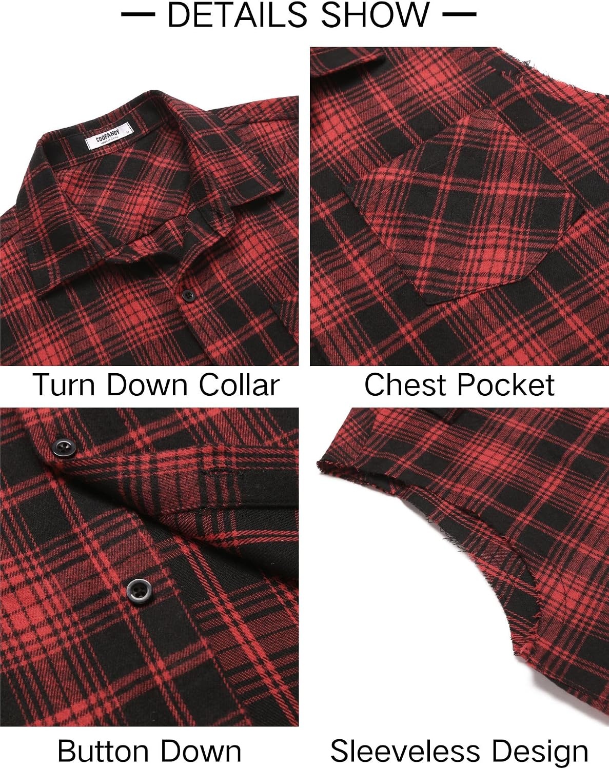 image:imageCOOFANDY Mens Lightweight Sleeveless Flannel Shirt Button Up Plaid ShirtsRed