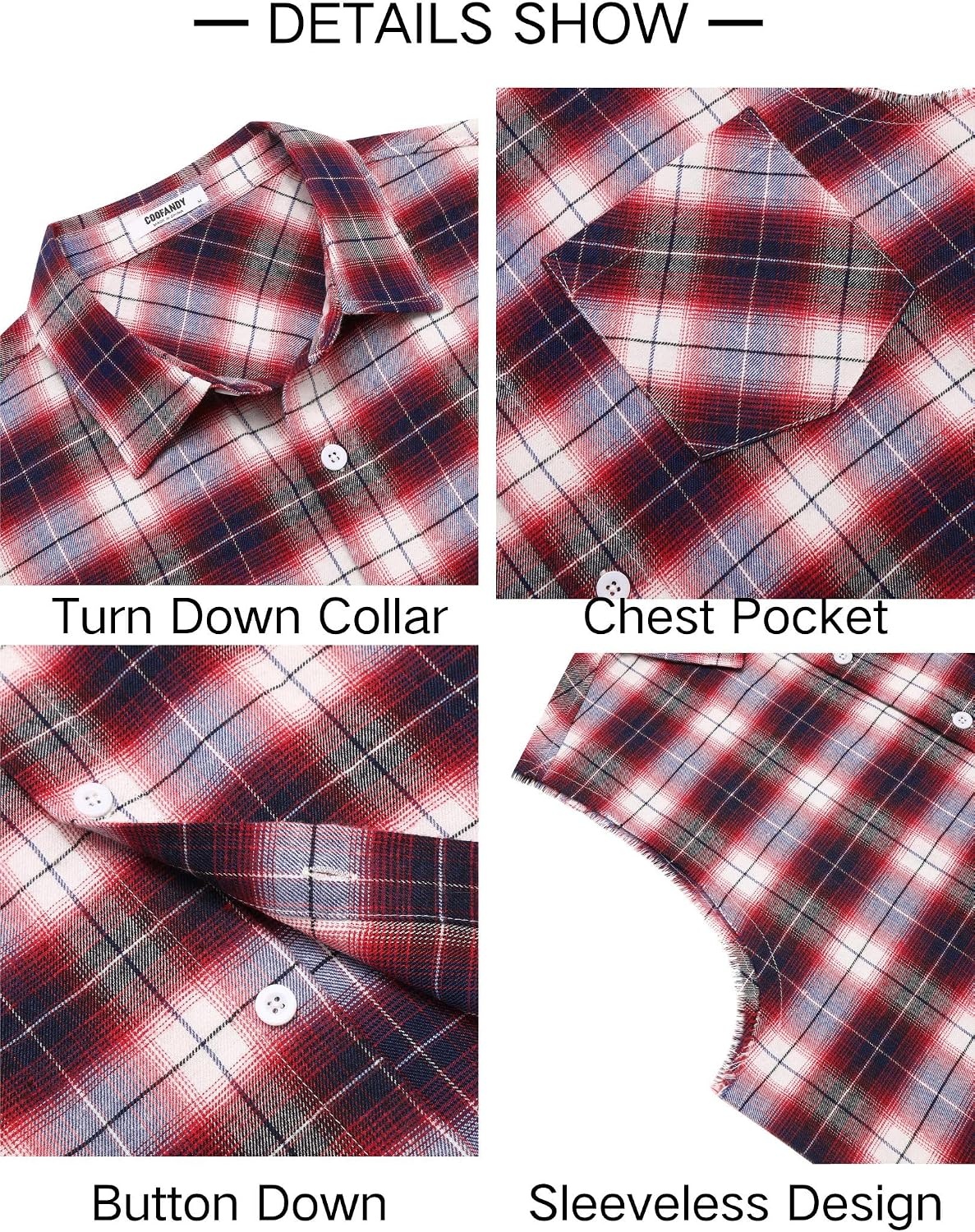 image:imageCOOFANDY Mens Lightweight Sleeveless Flannel Shirt Button Up Plaid ShirtsRed1