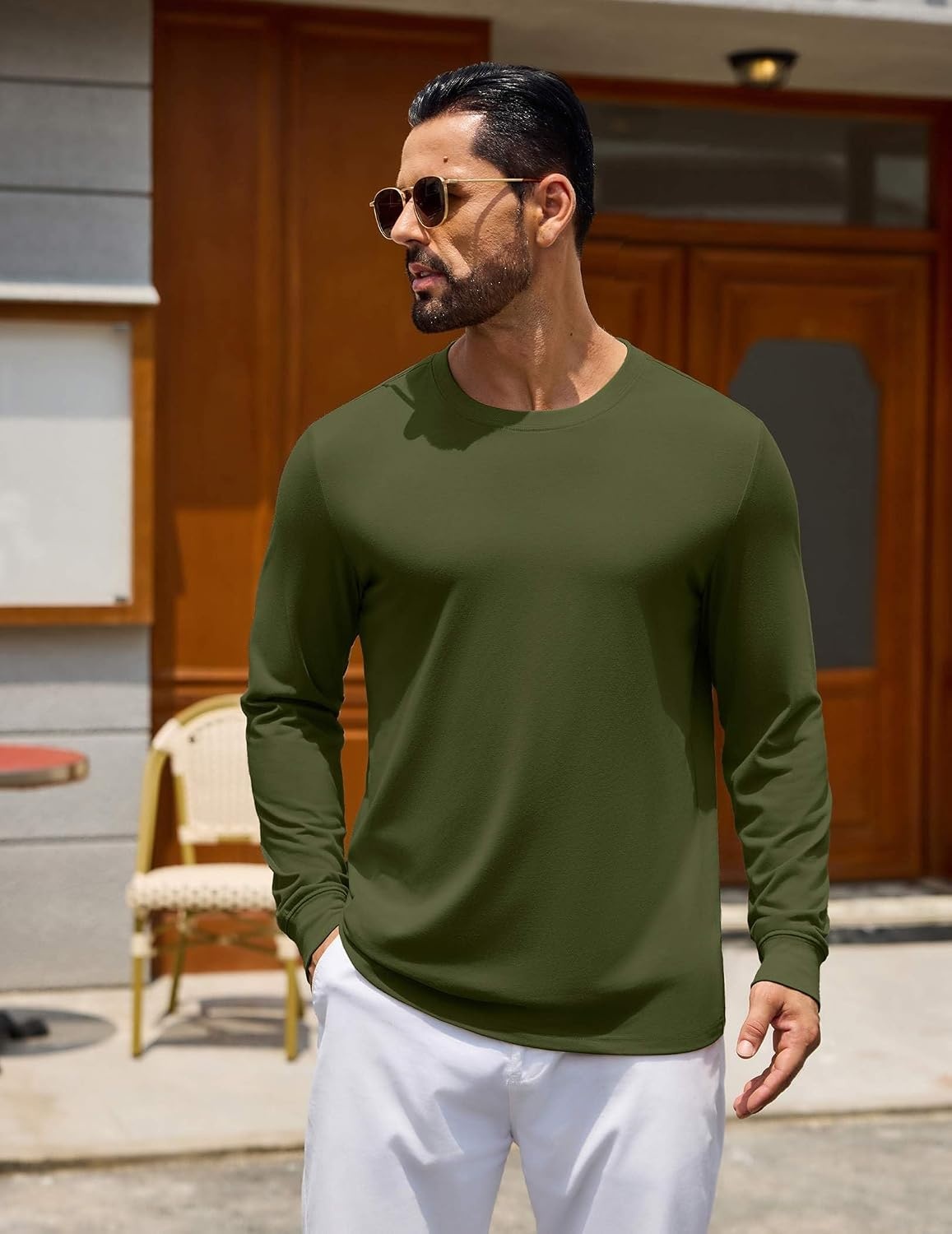 image:imageCOOFANDY Mens Long Sleeve Tee Shirts Crew Neck Cotton TShirt Casual ShirtsArmy Green
