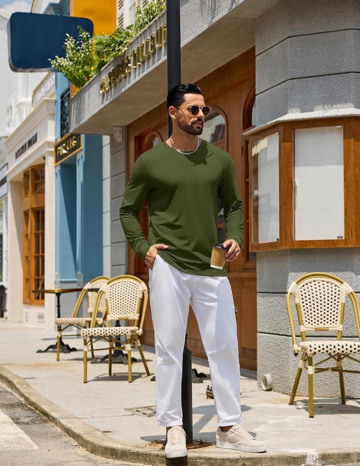 image:imageCOOFANDY Mens Long Sleeve Tee Shirts Crew Neck Cotton TShirt Casual ShirtsArmy Green
