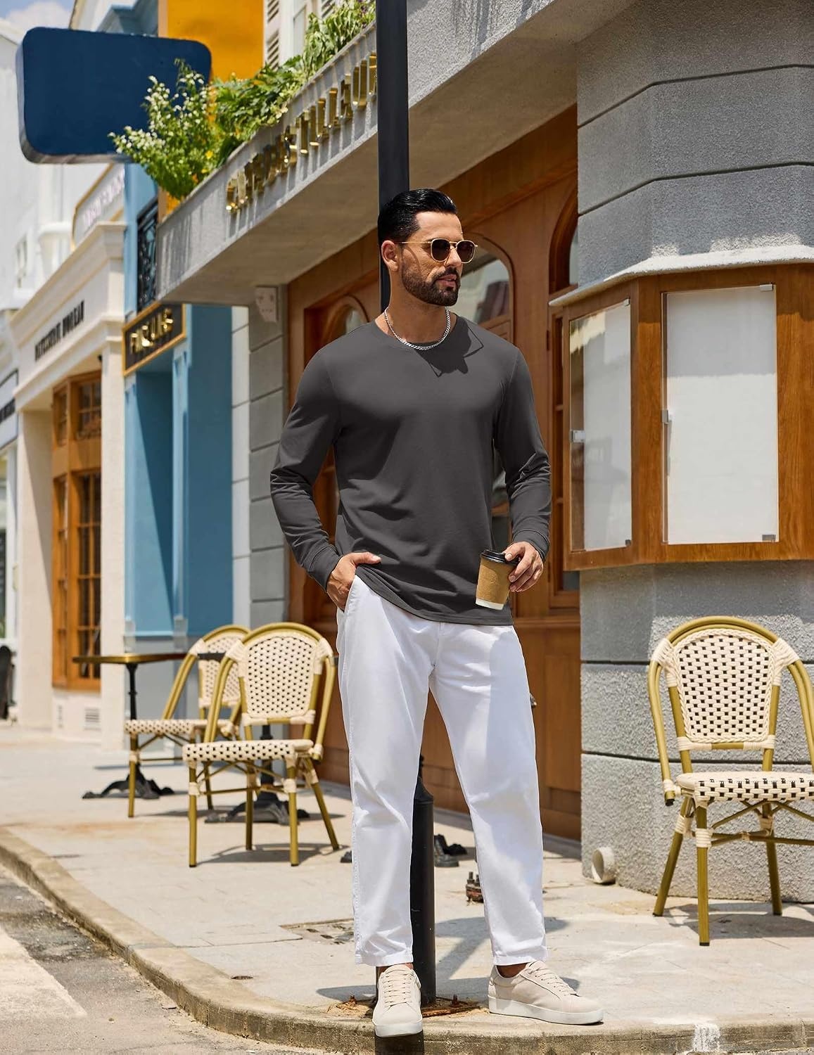 image:imageCOOFANDY Mens Long Sleeve Tee Shirts Crew Neck Cotton TShirt Casual ShirtsDark Grey