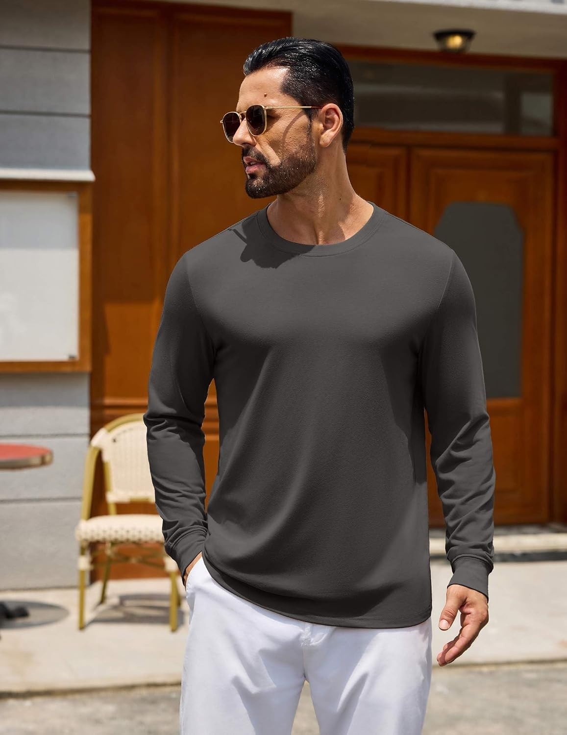 image:imageCOOFANDY Mens Long Sleeve Tee Shirts Crew Neck Cotton TShirt Casual ShirtsDark Grey