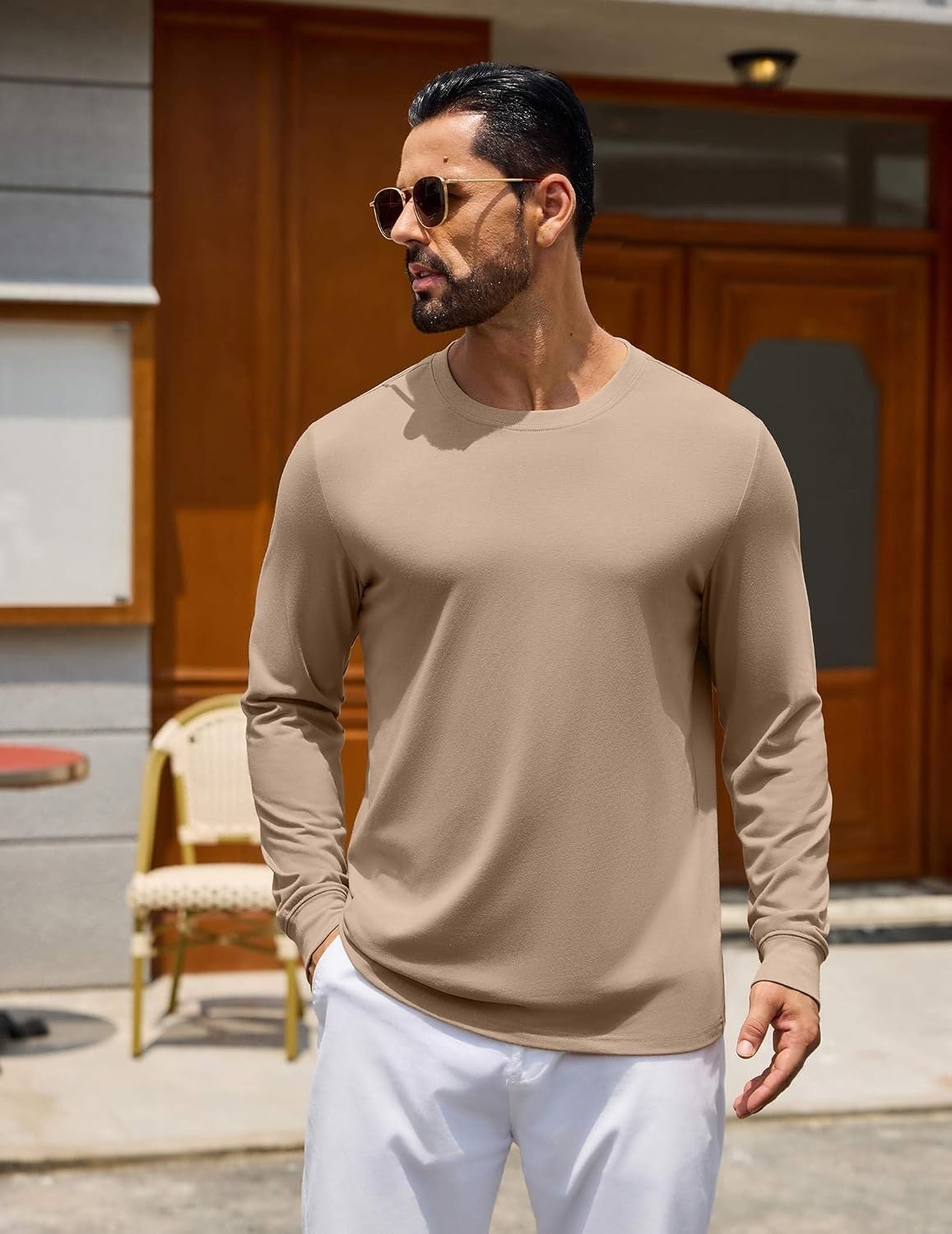 image:imageCOOFANDY Mens Long Sleeve Tee Shirts Crew Neck Cotton TShirt Casual ShirtsKhaki
