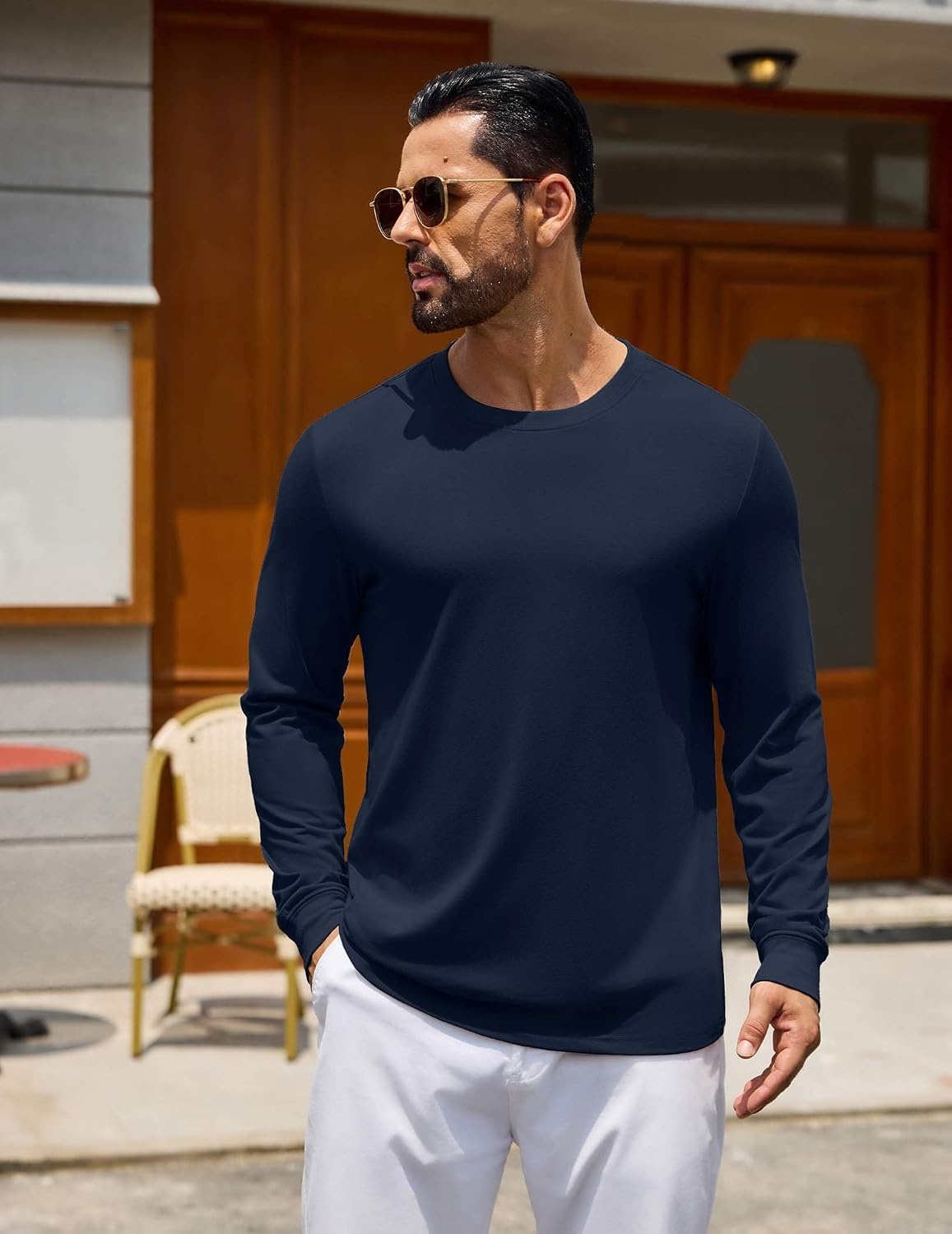 image:imageCOOFANDY Mens Long Sleeve Tee Shirts Crew Neck Cotton TShirt Casual ShirtsNavy Blue