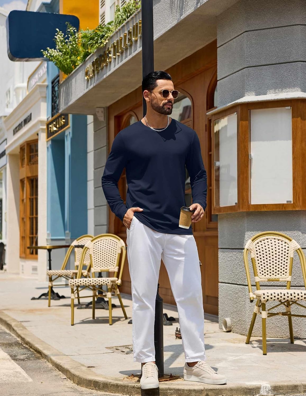 image:imageCOOFANDY Mens Long Sleeve Tee Shirts Crew Neck Cotton TShirt Casual ShirtsNavy Blue