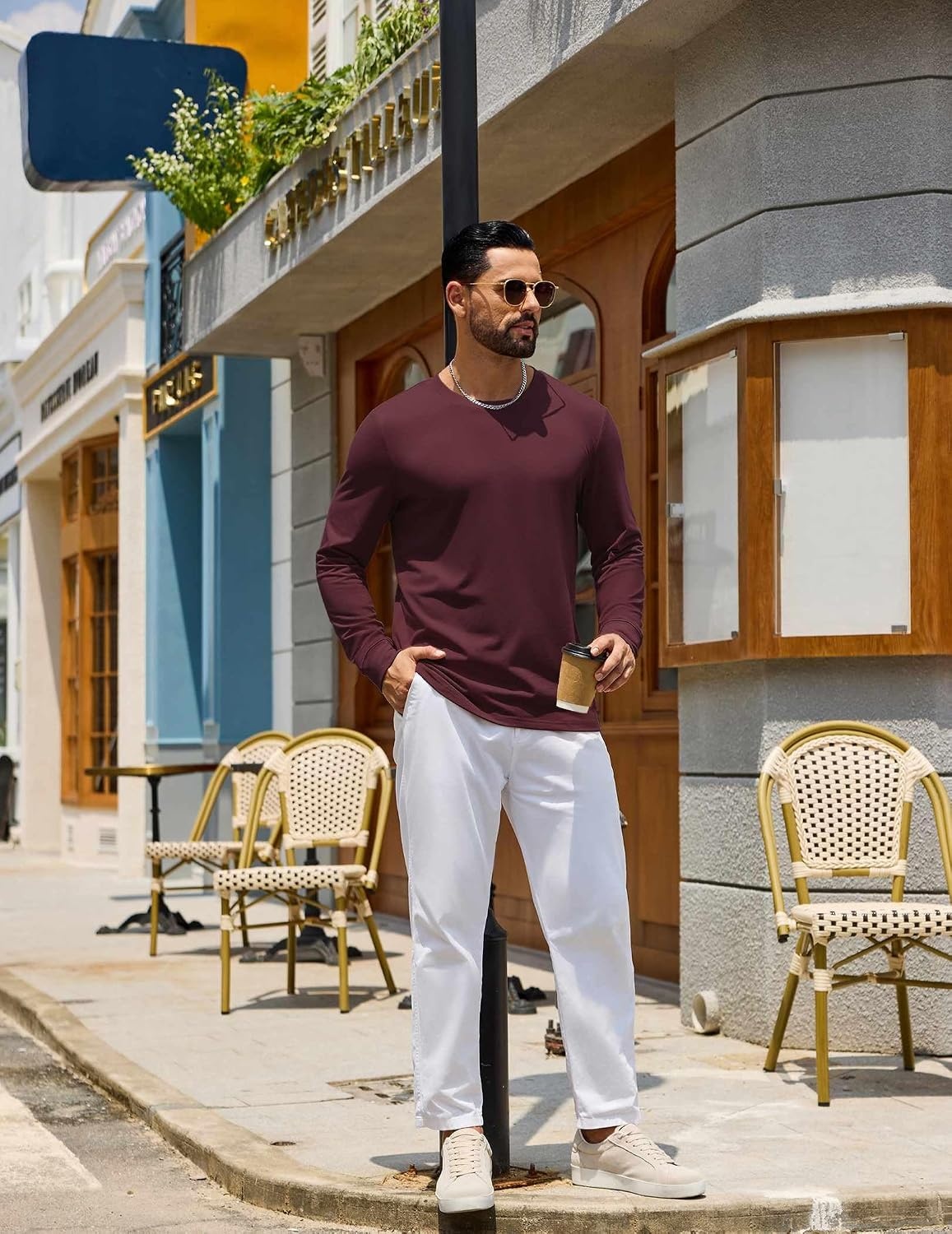 image:imageCOOFANDY Mens Long Sleeve Tee Shirts Crew Neck Cotton TShirt Casual ShirtsWine Red