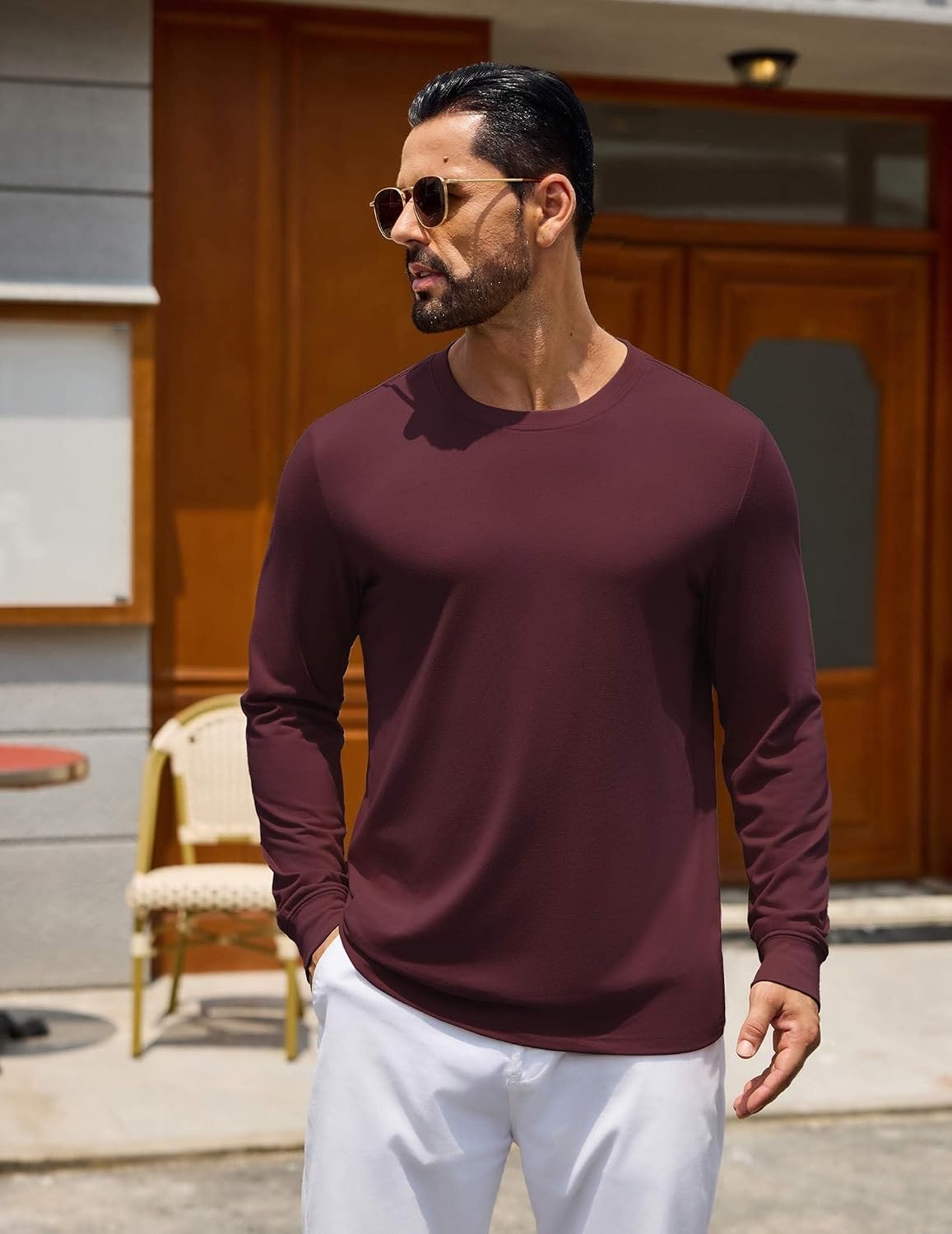 image:imageCOOFANDY Mens Long Sleeve Tee Shirts Crew Neck Cotton TShirt Casual ShirtsWine Red