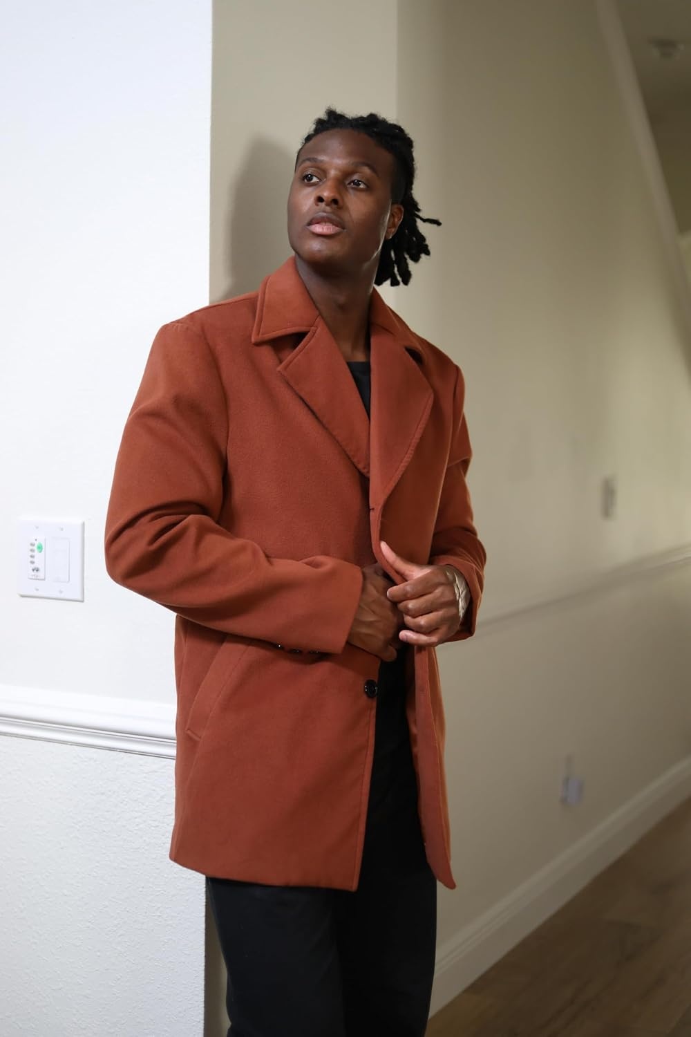 image:imageCOOFANDY Mens Pea Coat Single Breasted Peacoat Winter Short Trench CoatBrown