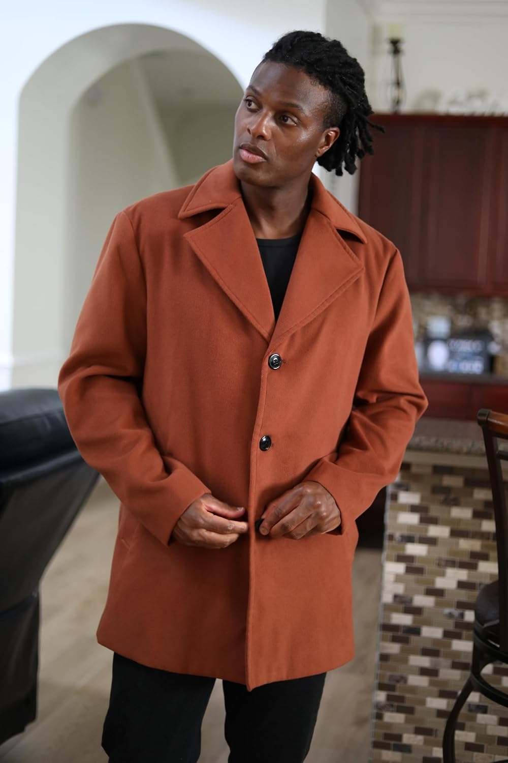 image:imageCOOFANDY Mens Pea Coat Single Breasted Peacoat Winter Short Trench CoatBrown