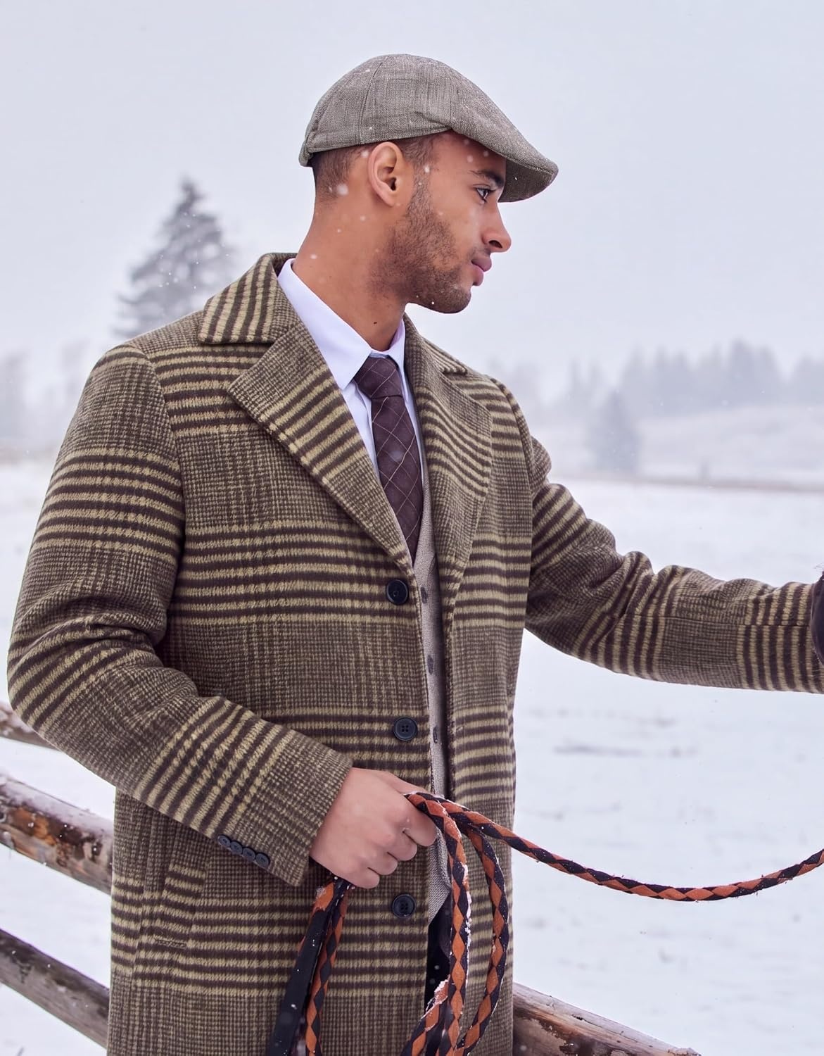 image:imageCOOFANDY Mens Pea Coat Single Breasted Peacoat Winter Short Trench CoatBrown Plaid