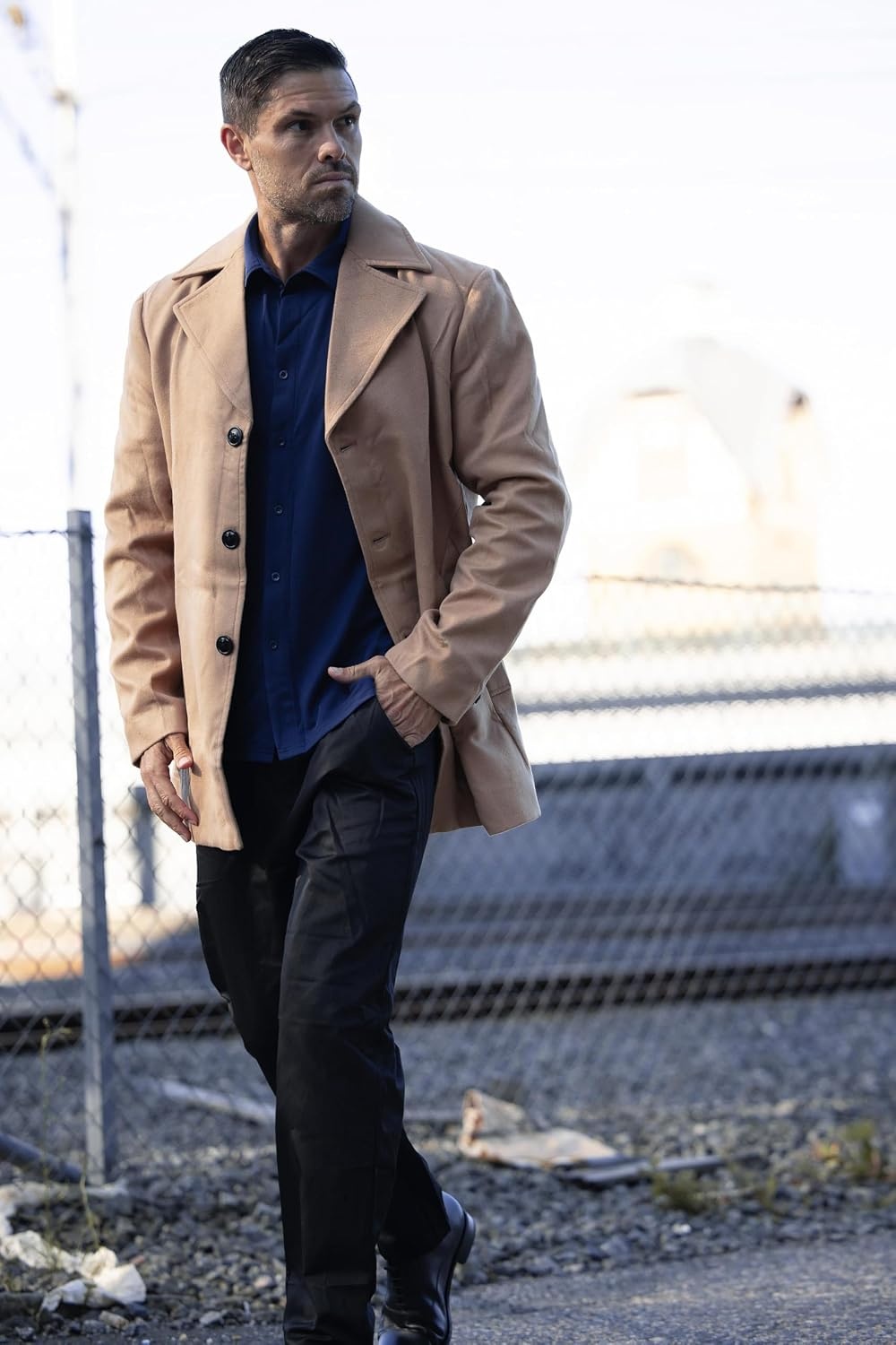 image:imageCOOFANDY Mens Pea Coat Single Breasted Peacoat Winter Short Trench CoatCamel