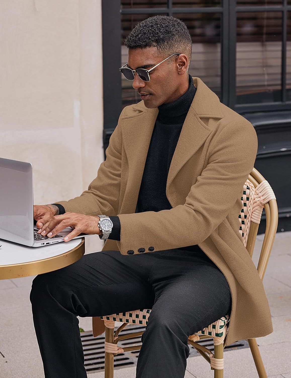 image:imageCOOFANDY Mens Pea Coat Single Breasted Peacoat Winter Short Trench CoatCamel