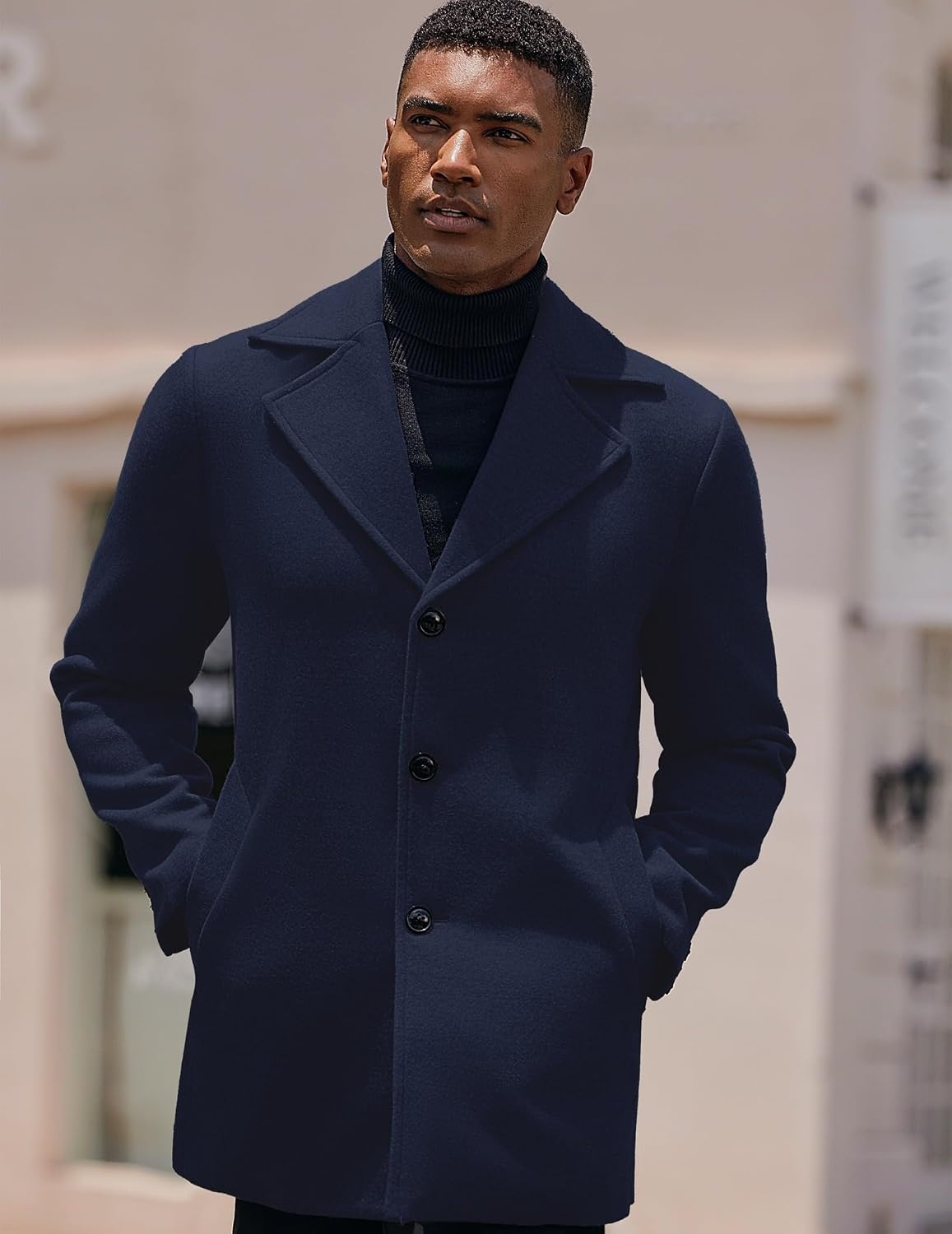 image:imageCOOFANDY Mens Pea Coat Single Breasted Peacoat Winter Short Trench CoatDark Blue