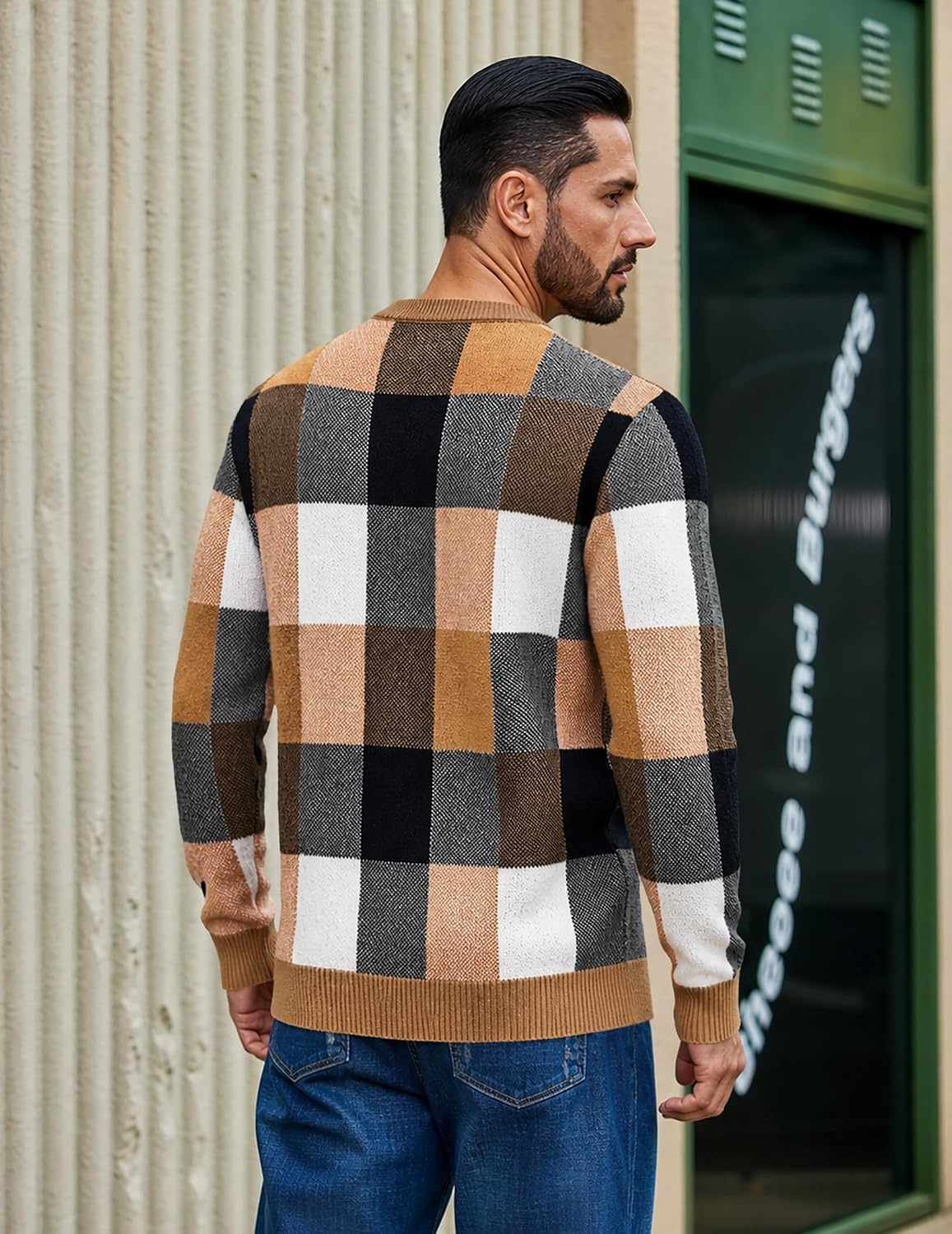 image:imageCOOFANDY Mens Plaid Crew Neck Sweater Long Sleeve Knit PulloverA01 Brown and Orange