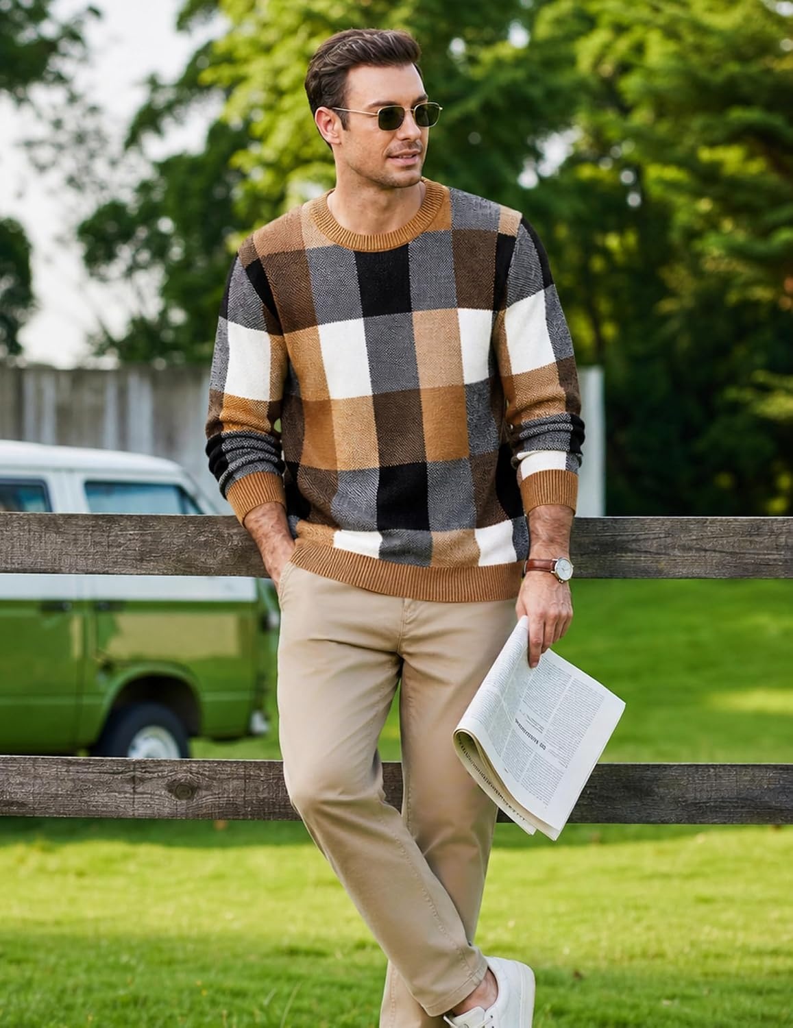 image:imageCOOFANDY Mens Plaid Crew Neck Sweater Long Sleeve Knit PulloverA01 Brown and Orange