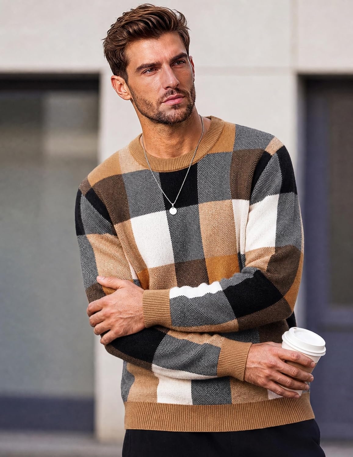 image:imageCOOFANDY Mens Plaid Crew Neck Sweater Long Sleeve Knit PulloverA01 Brown and Orange