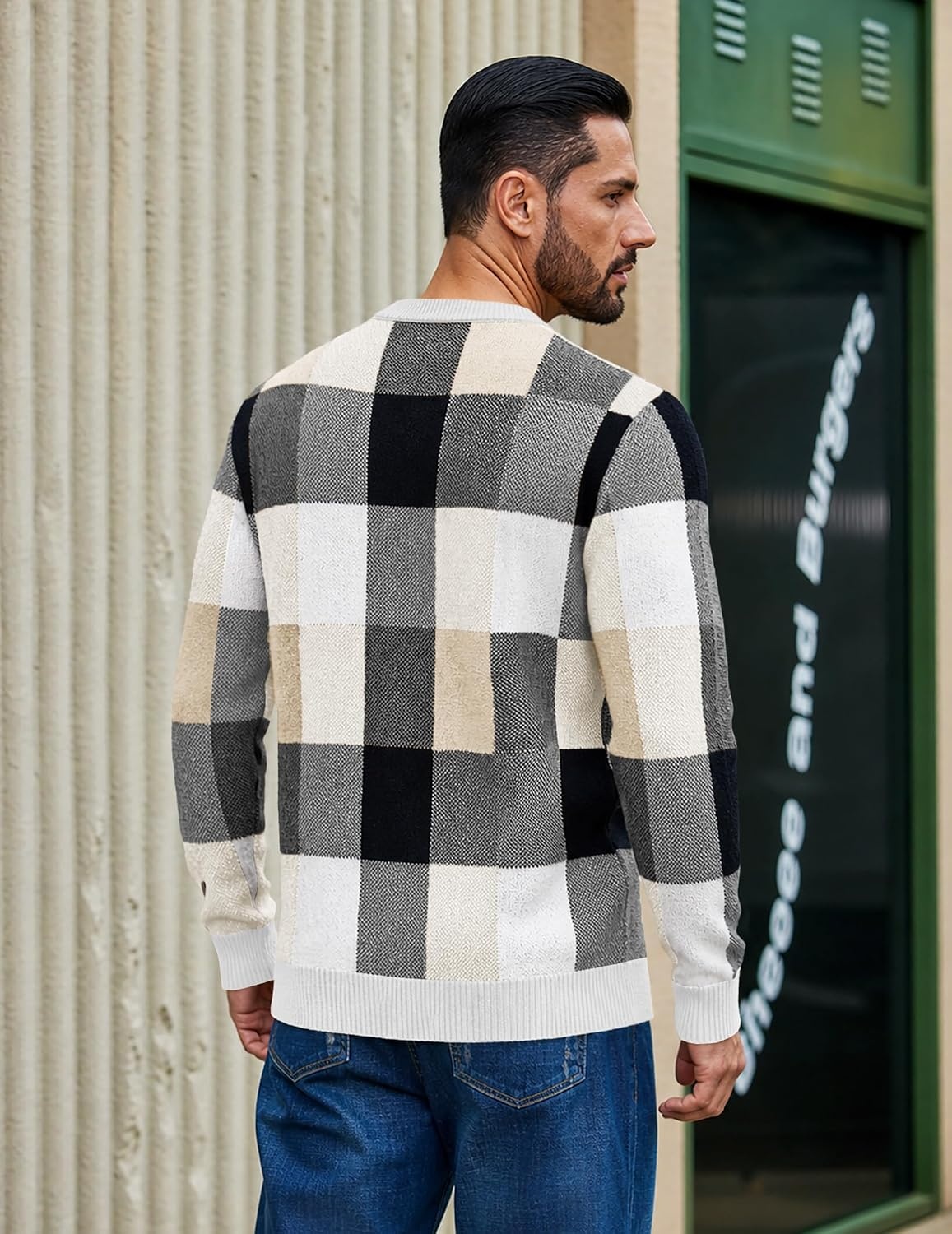 image:imageCOOFANDY Mens Plaid Crew Neck Sweater Long Sleeve Knit PulloverBeige