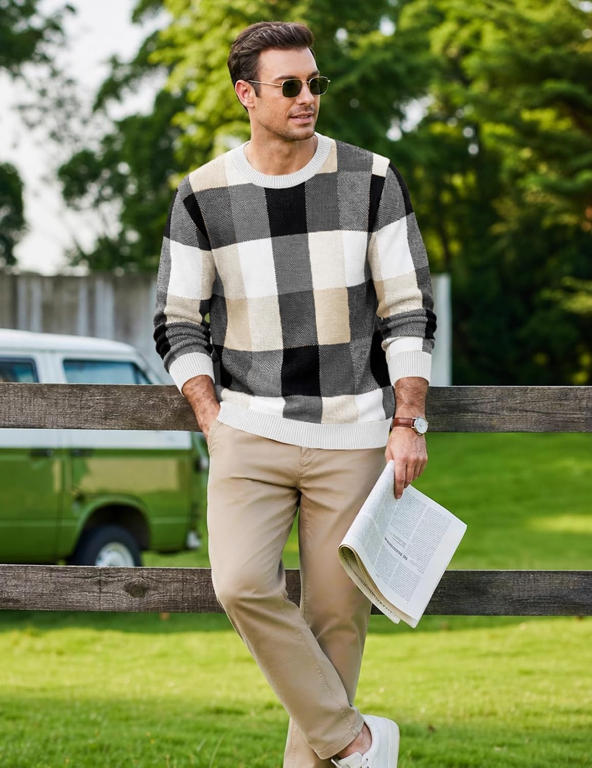 image:imageCOOFANDY Mens Plaid Crew Neck Sweater Long Sleeve Knit PulloverBeige