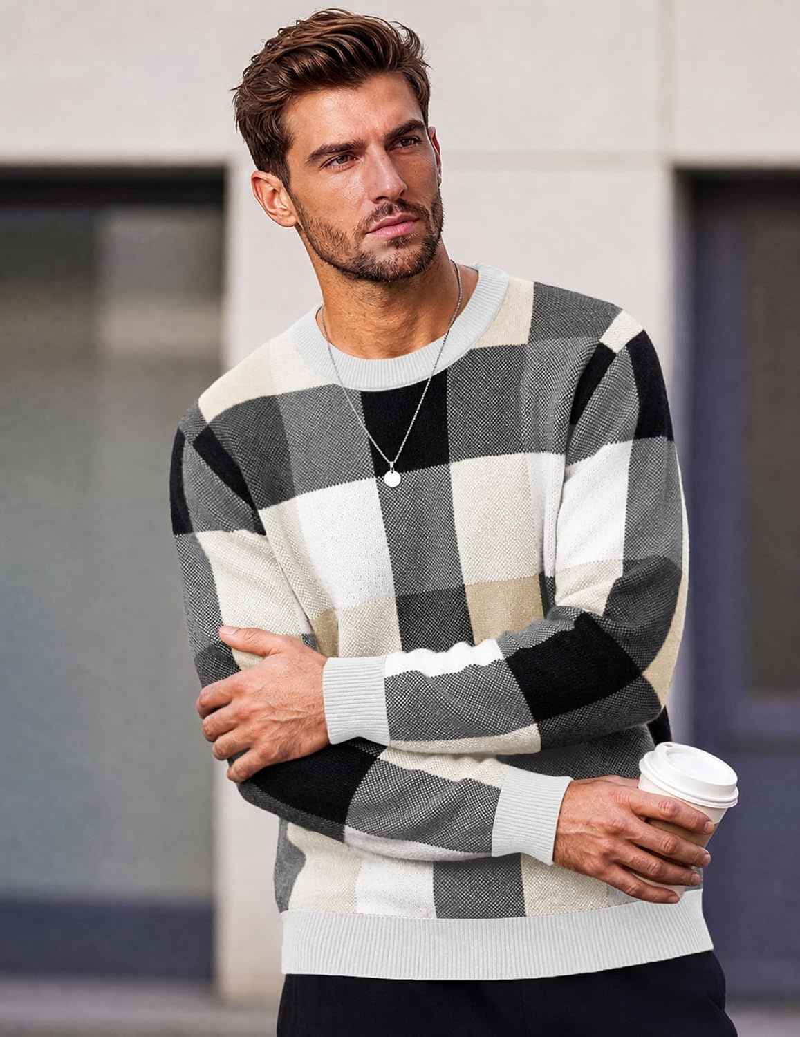 image:imageCOOFANDY Mens Plaid Crew Neck Sweater Long Sleeve Knit PulloverBeige