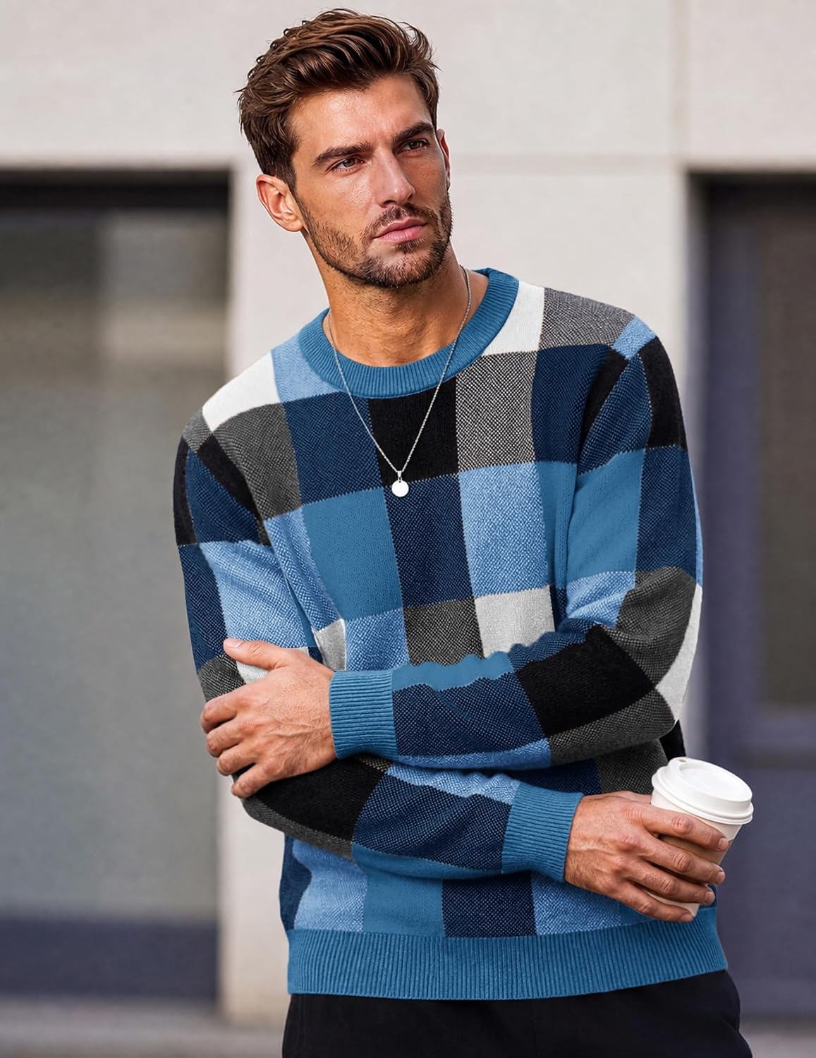 image:imageCOOFANDY Mens Plaid Crew Neck Sweater Long Sleeve Knit PulloverBlue