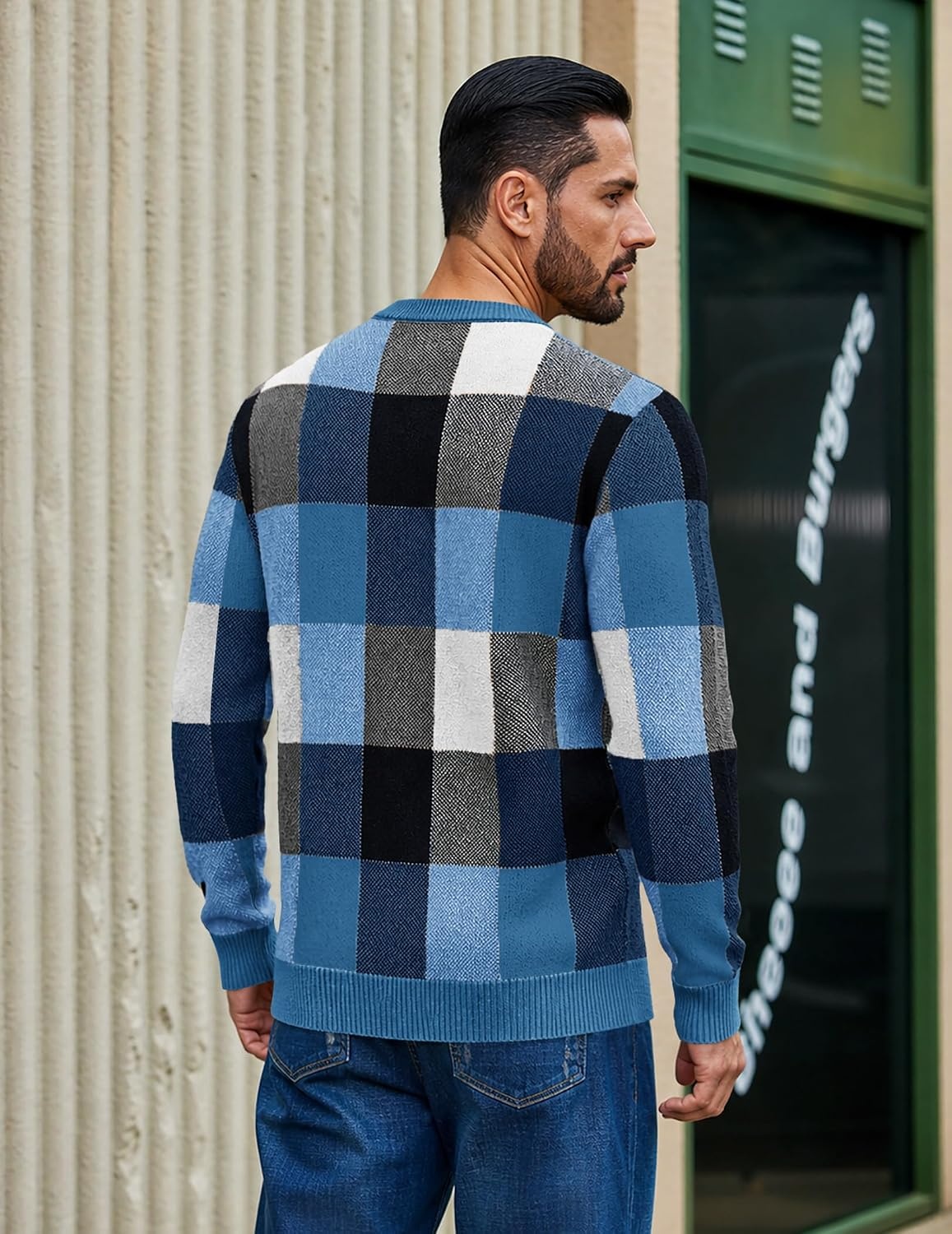 image:imageCOOFANDY Mens Plaid Crew Neck Sweater Long Sleeve Knit PulloverBlue