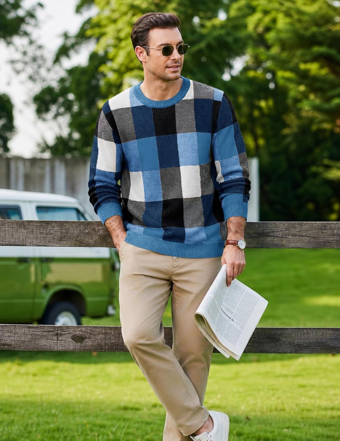 image:imageCOOFANDY Mens Plaid Crew Neck Sweater Long Sleeve Knit PulloverBlue