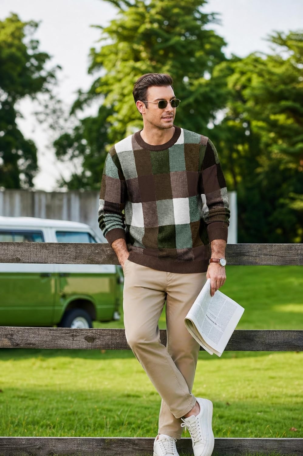 image:imageCOOFANDY Mens Plaid Crew Neck Sweater Long Sleeve Knit PulloverBrown Army Green