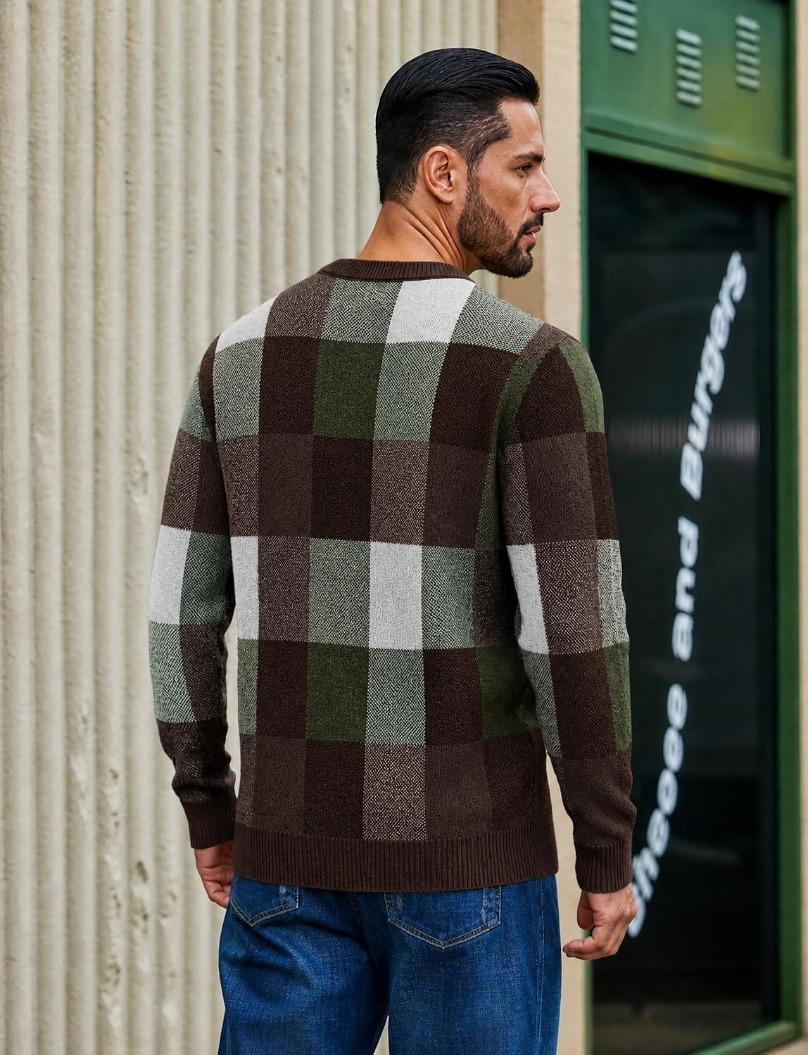 image:imageCOOFANDY Mens Plaid Crew Neck Sweater Long Sleeve Knit PulloverBrown Army Green