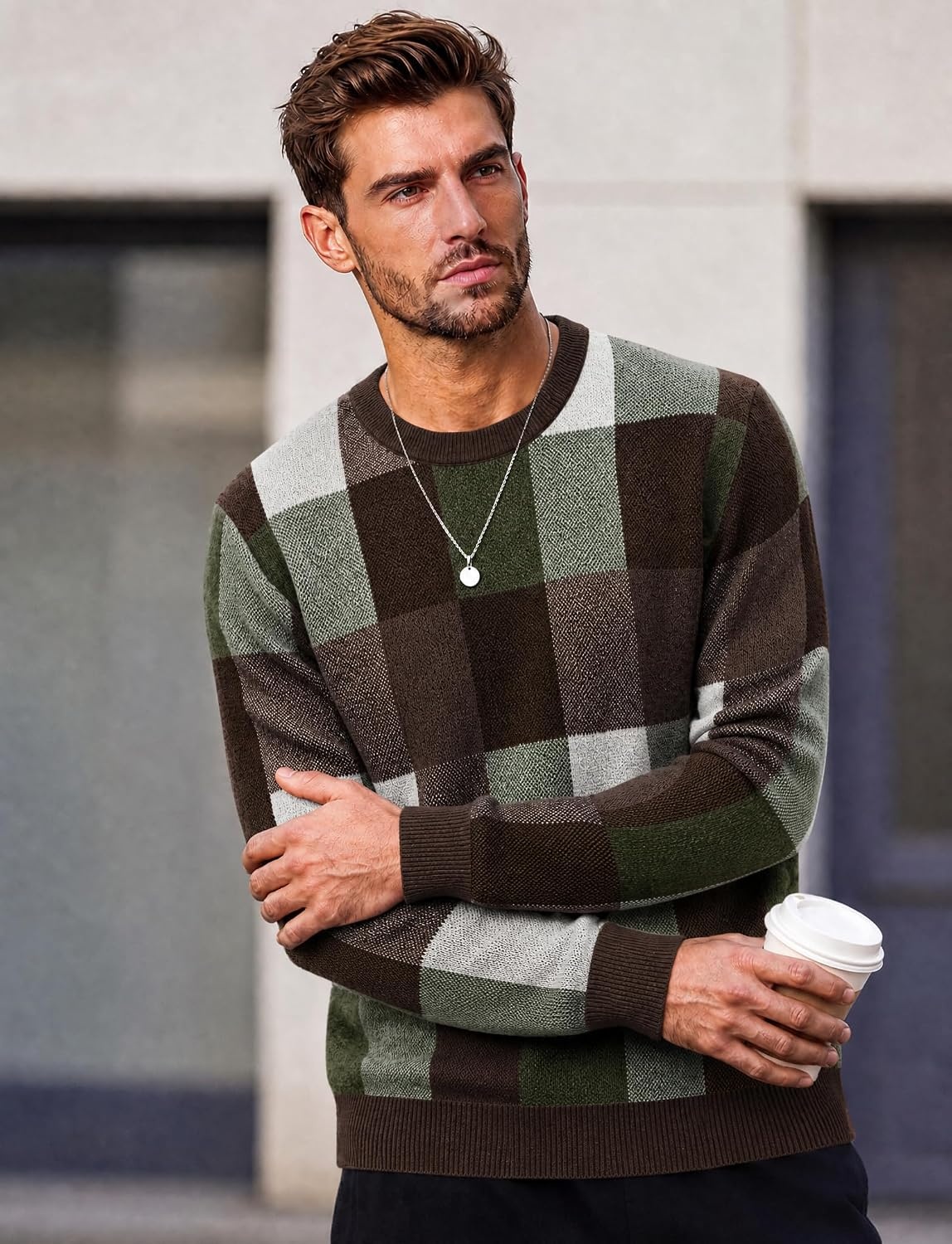 image:imageCOOFANDY Mens Plaid Crew Neck Sweater Long Sleeve Knit PulloverBrown Army Green