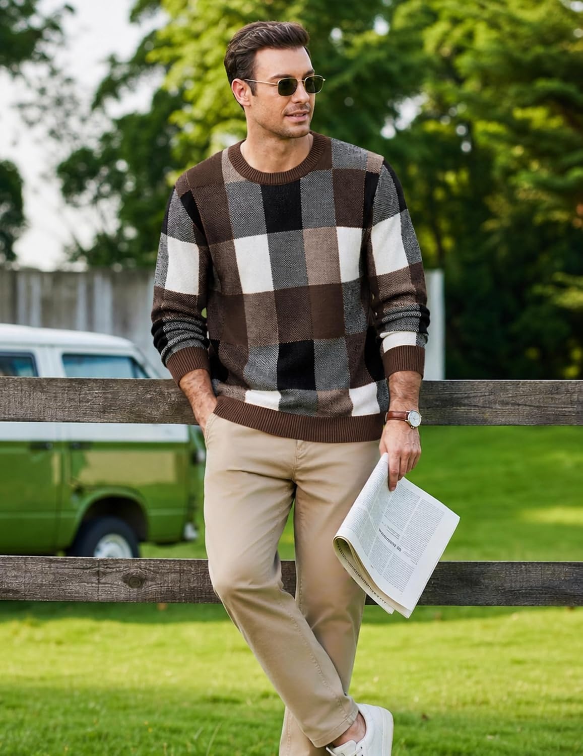 image:imageCOOFANDY Mens Plaid Crew Neck Sweater Long Sleeve Knit PulloverBrown