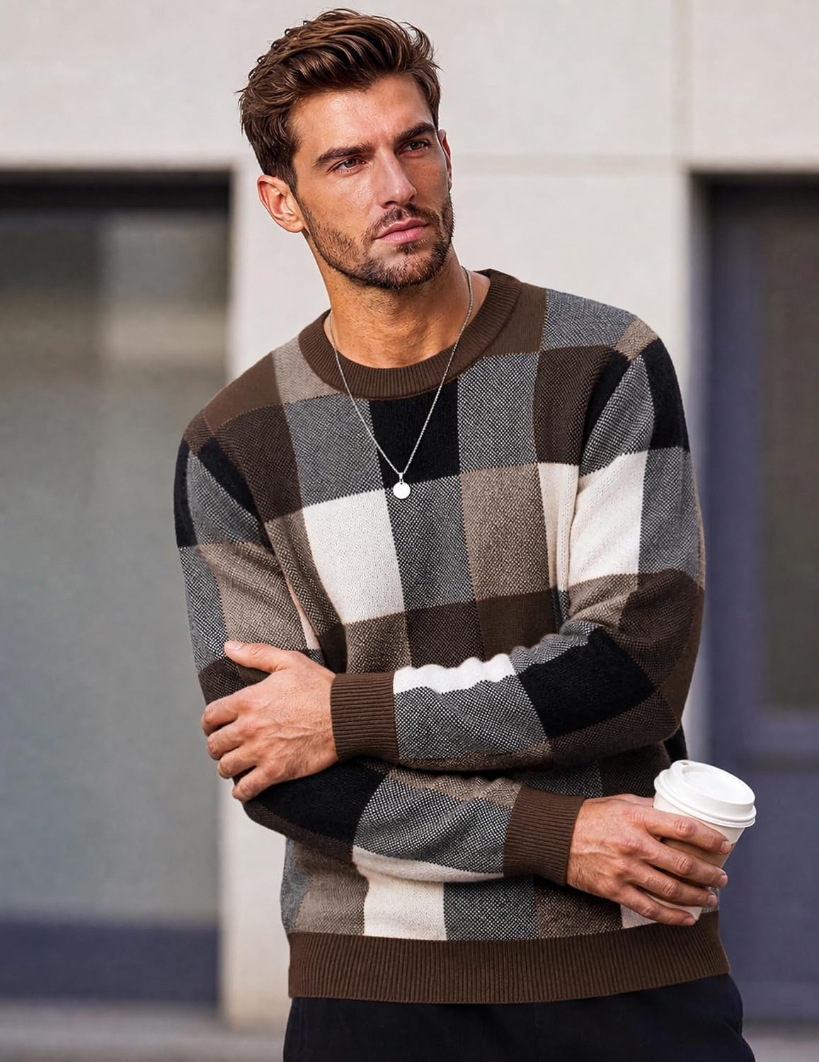image:imageCOOFANDY Mens Plaid Crew Neck Sweater Long Sleeve Knit PulloverBrown