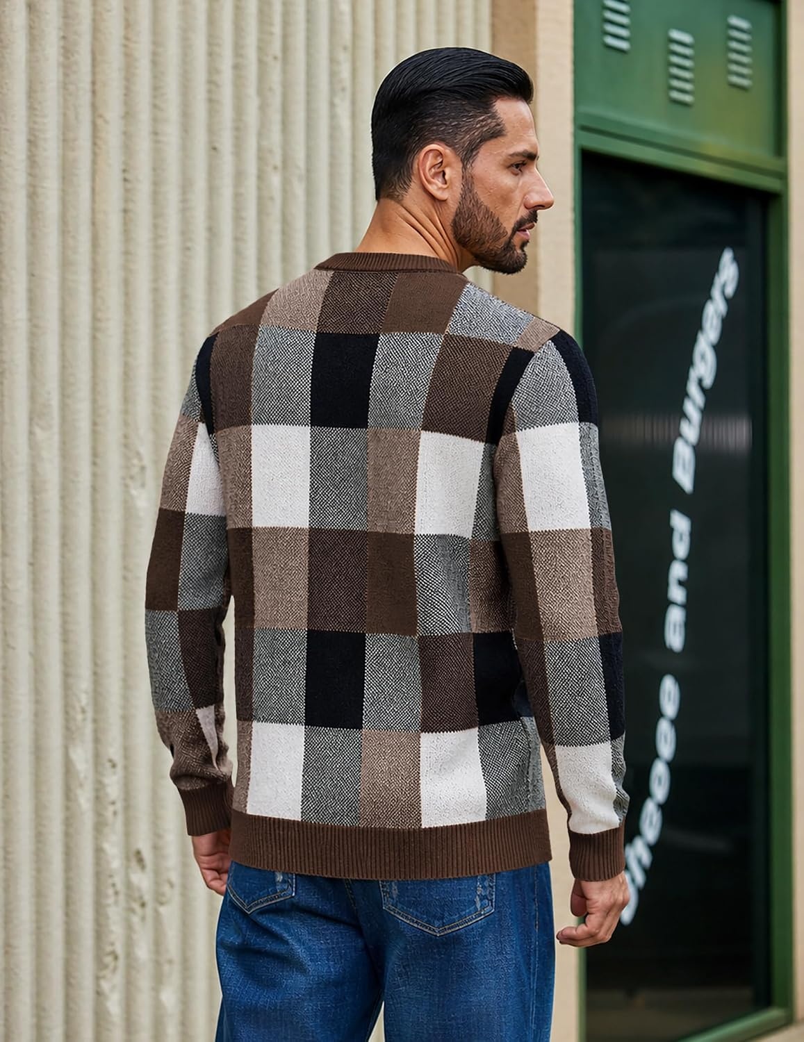 image:imageCOOFANDY Mens Plaid Crew Neck Sweater Long Sleeve Knit PulloverBrown