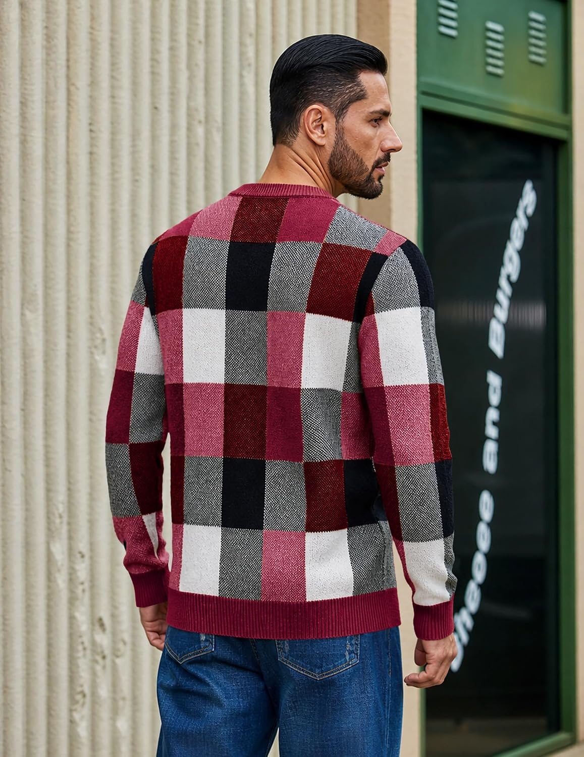 image:imageCOOFANDY Mens Plaid Crew Neck Sweater Long Sleeve Knit PulloverBurgundy