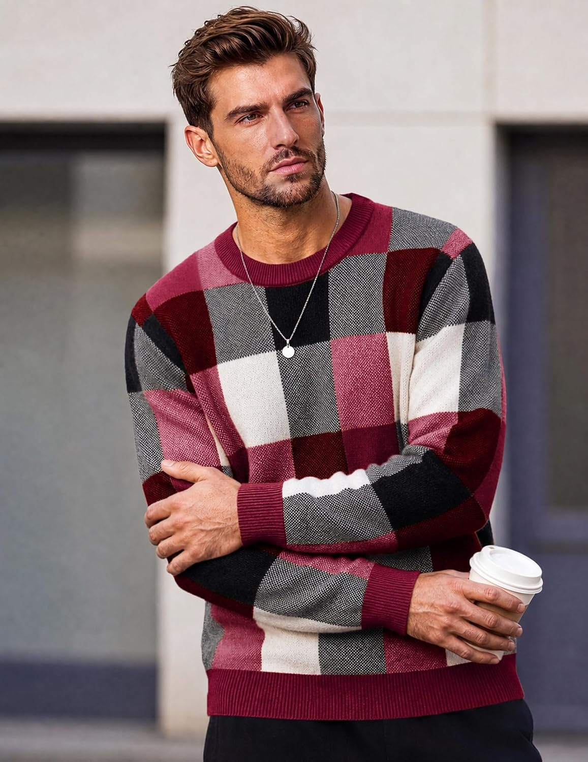 image:imageCOOFANDY Mens Plaid Crew Neck Sweater Long Sleeve Knit PulloverBurgundy