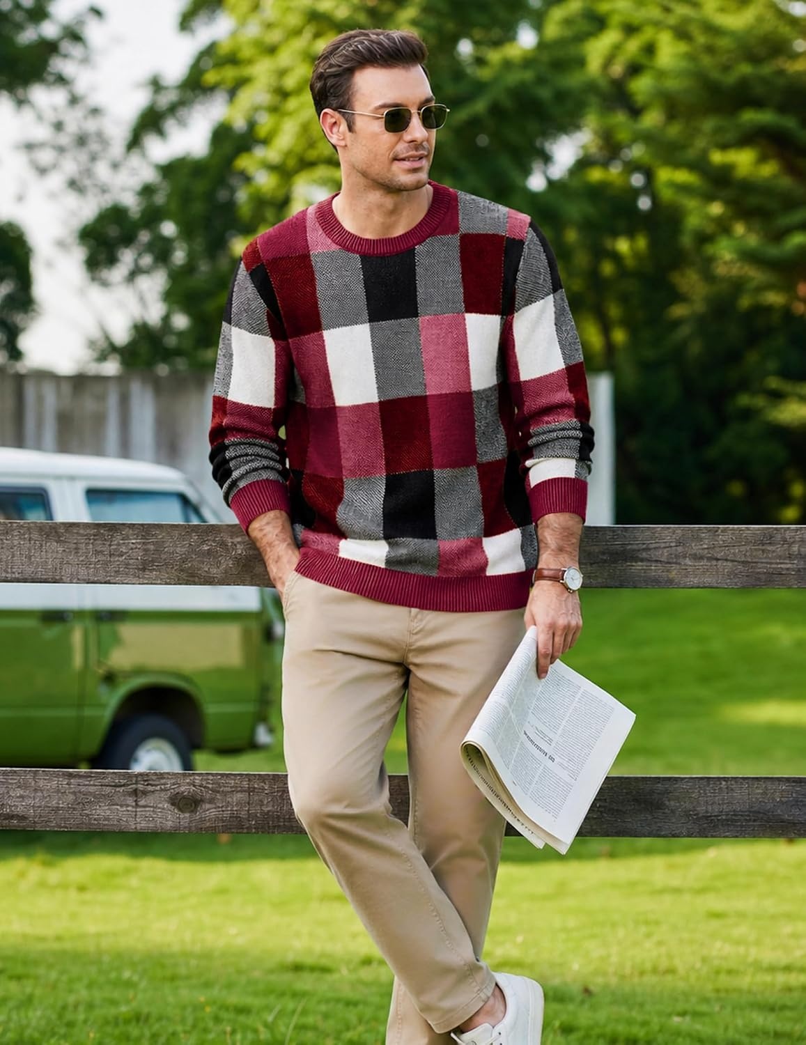 image:imageCOOFANDY Mens Plaid Crew Neck Sweater Long Sleeve Knit PulloverBurgundy