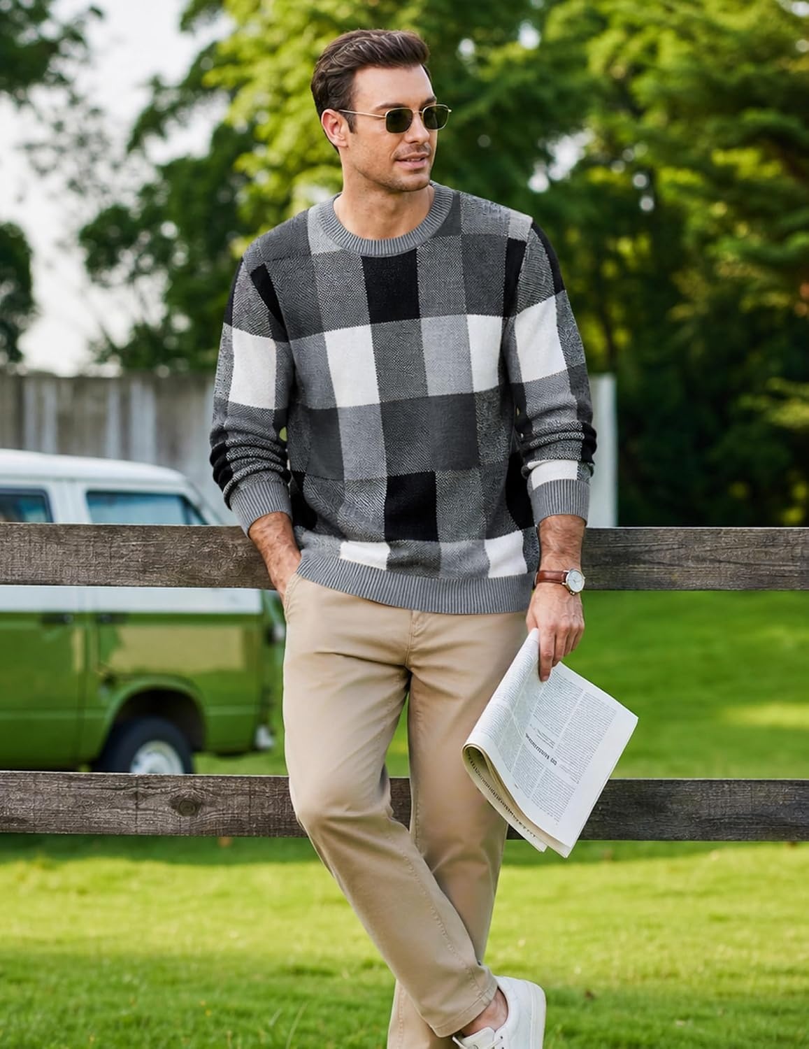 image:imageCOOFANDY Mens Plaid Crew Neck Sweater Long Sleeve Knit PulloverGrey