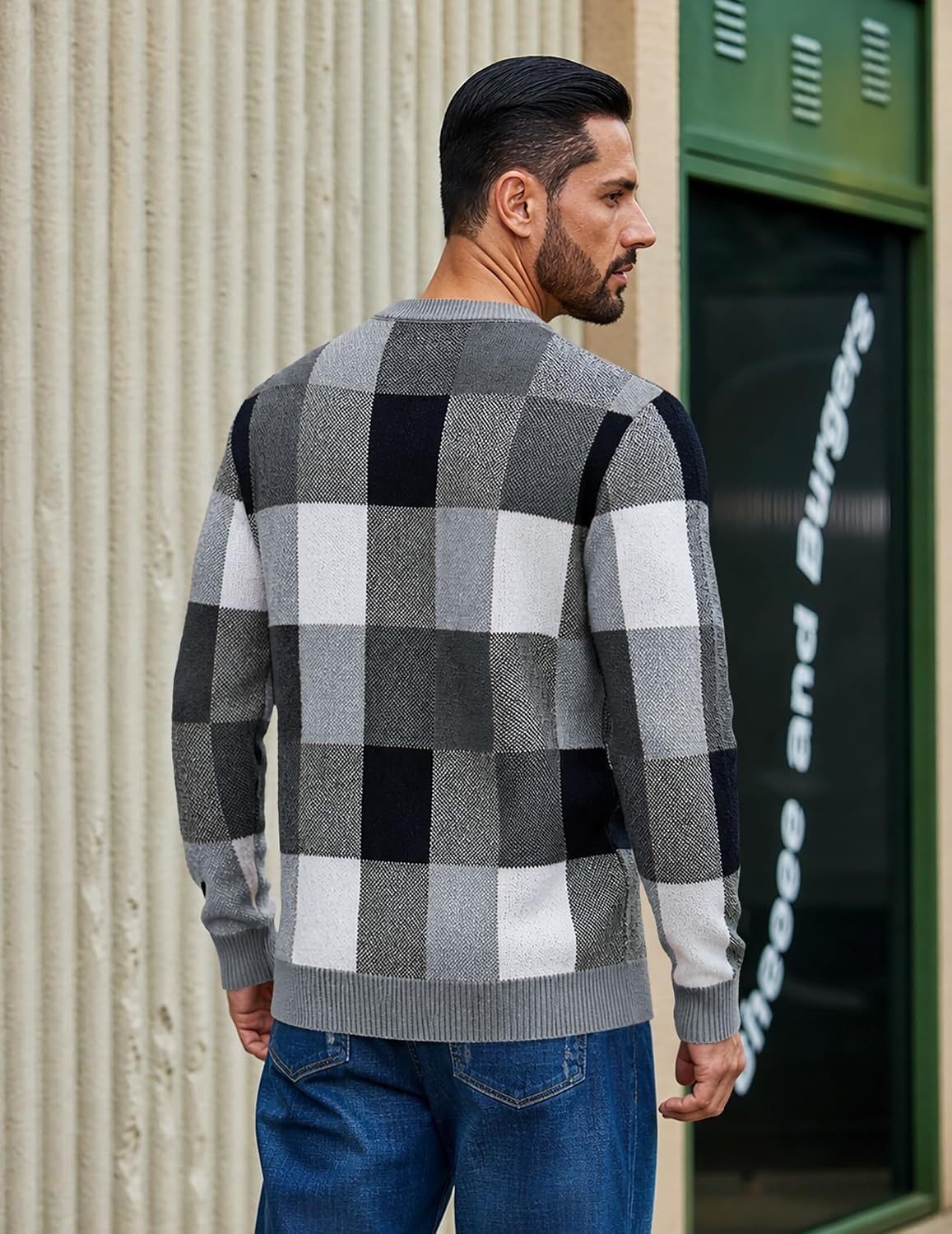 image:imageCOOFANDY Mens Plaid Crew Neck Sweater Long Sleeve Knit PulloverGrey