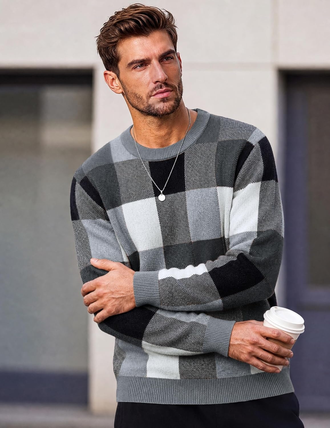 image:imageCOOFANDY Mens Plaid Crew Neck Sweater Long Sleeve Knit PulloverGrey