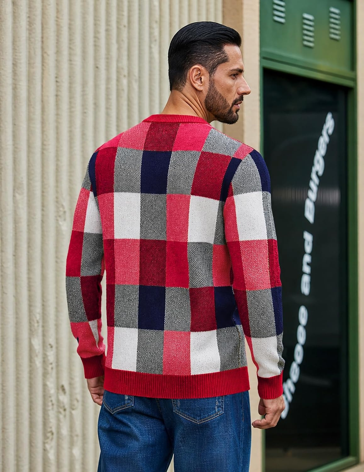 image:imageCOOFANDY Mens Plaid Crew Neck Sweater Long Sleeve Knit PulloverRed Navy