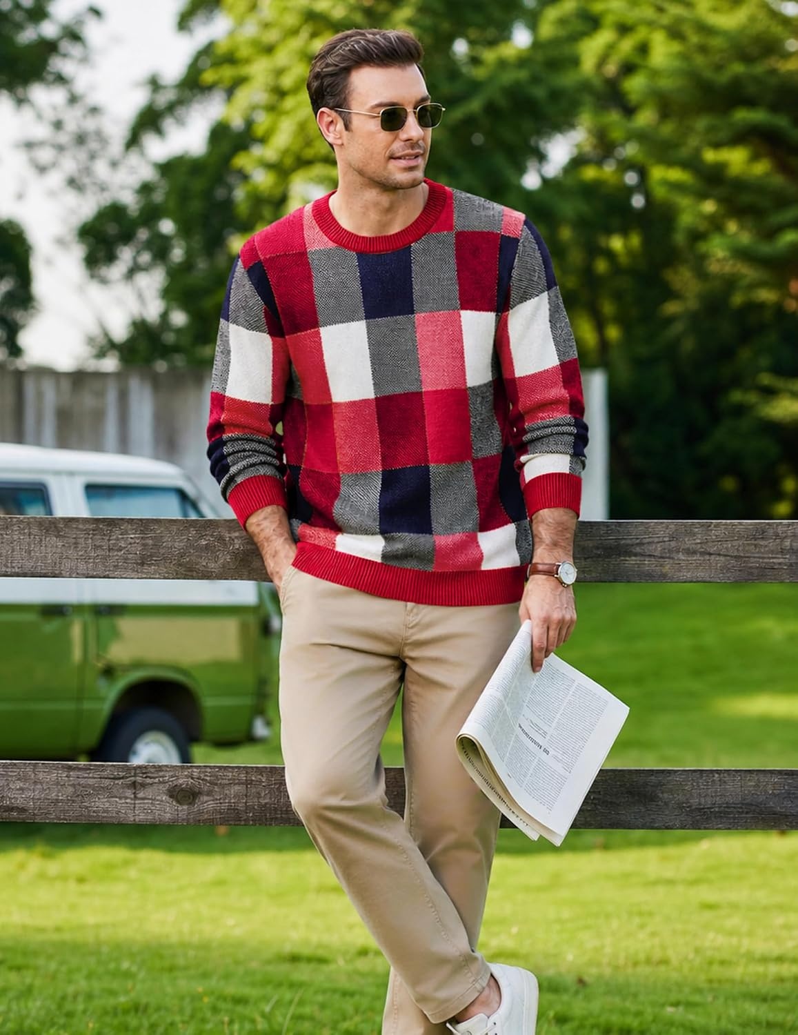image:imageCOOFANDY Mens Plaid Crew Neck Sweater Long Sleeve Knit PulloverRed Navy