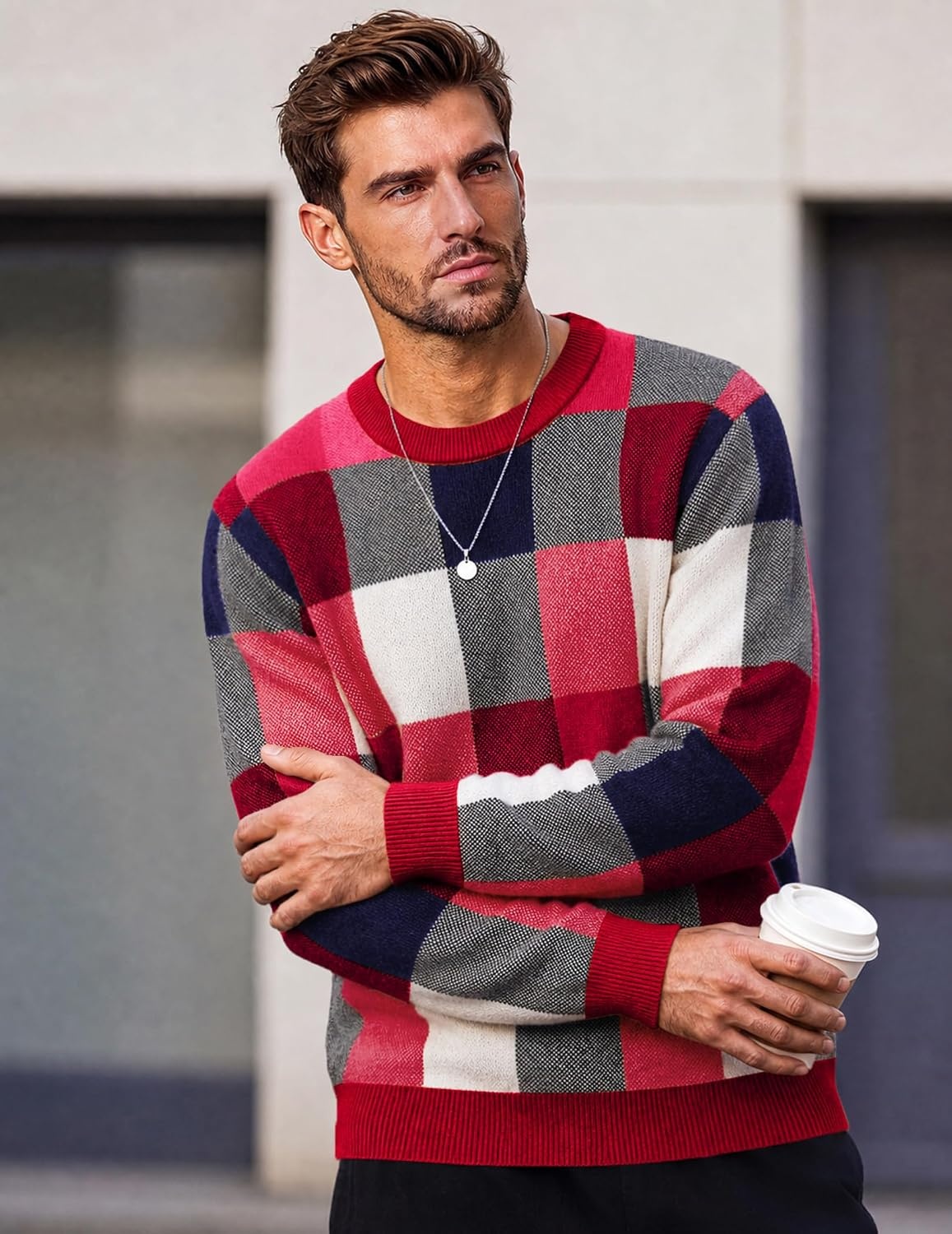image:imageCOOFANDY Mens Plaid Crew Neck Sweater Long Sleeve Knit PulloverRed Navy