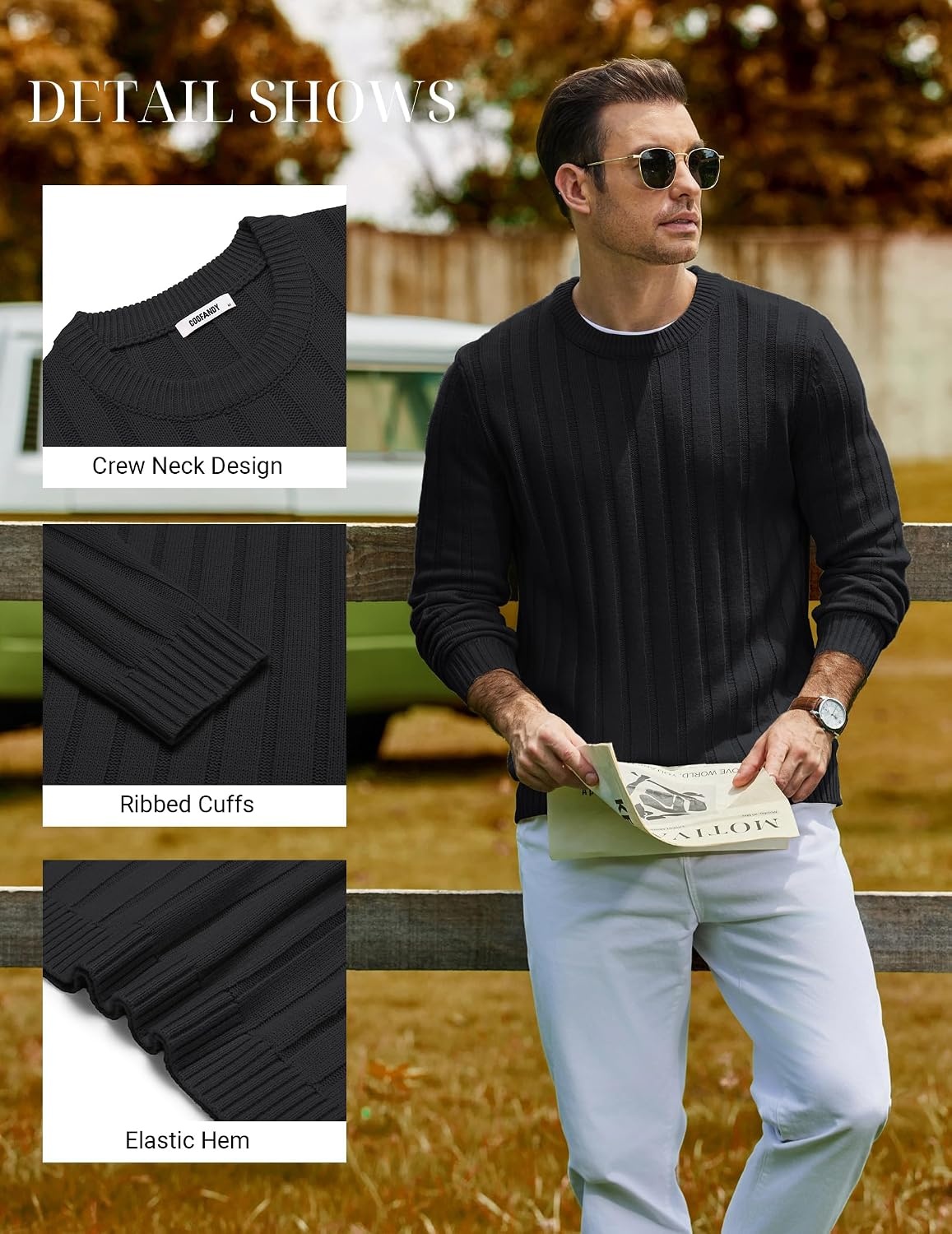 image:imageCOOFANDY Mens Sweater Crewneck Ribbed Knit Soft Warm Pullover SweaterBlack