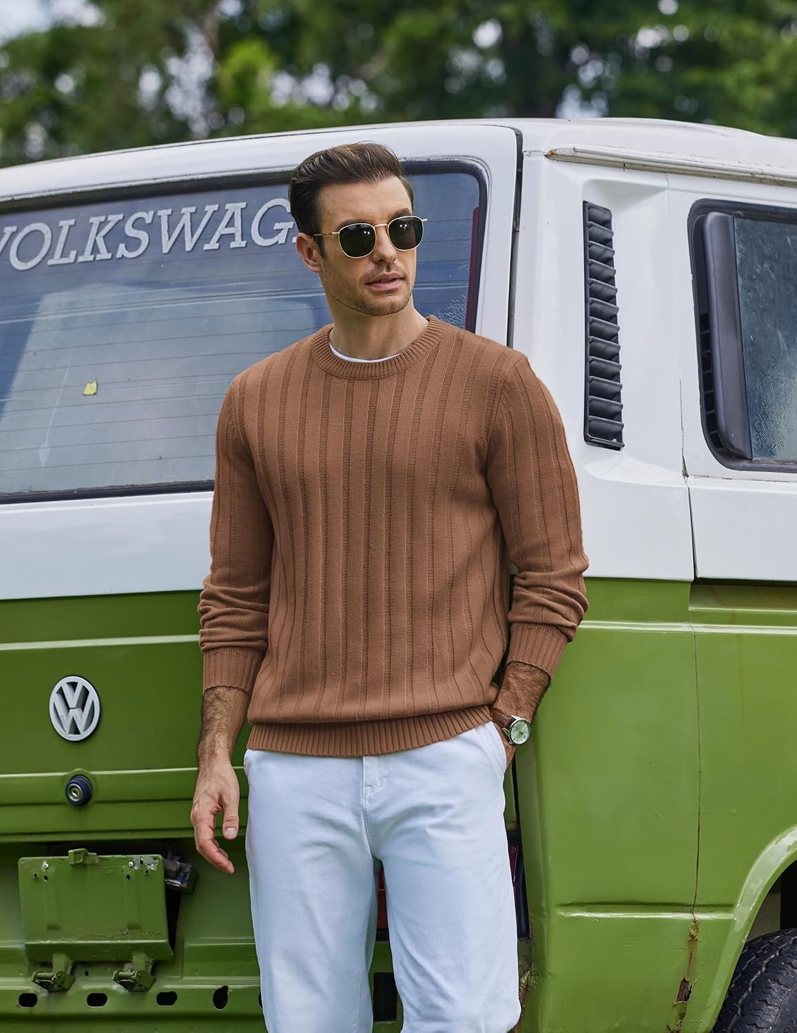 image:imageCOOFANDY Mens Sweater Crewneck Ribbed Knit Soft Warm Pullover SweaterCaramel