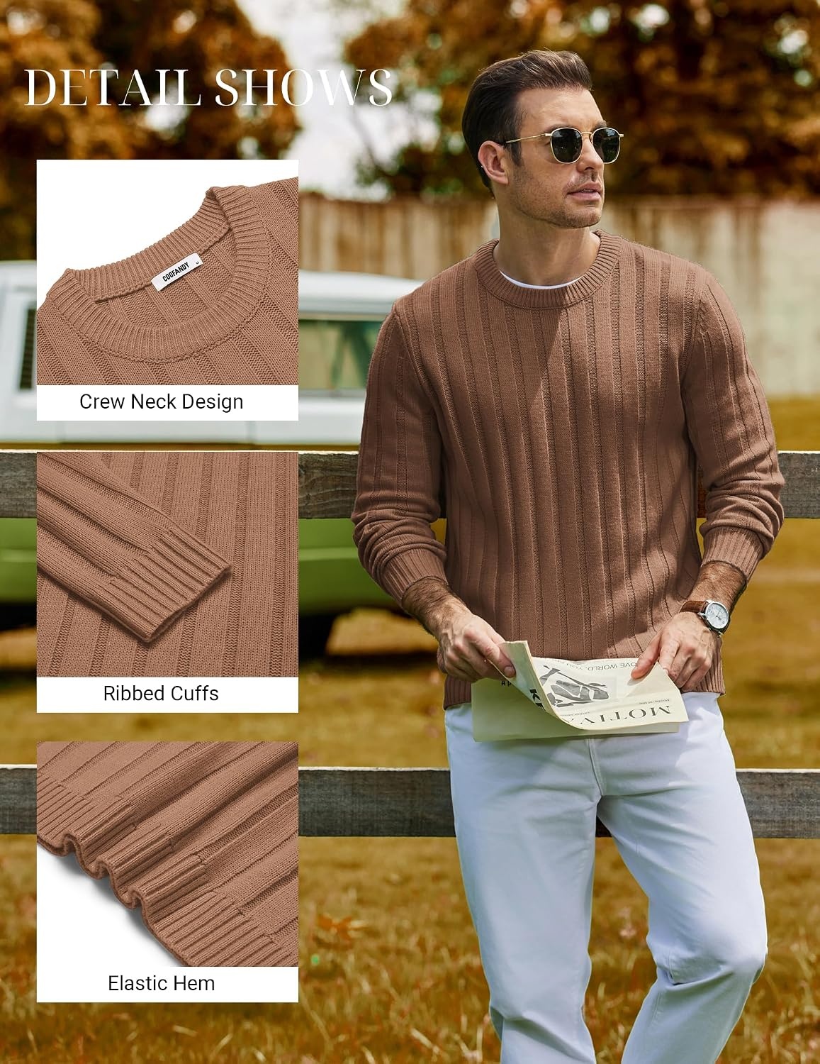 image:imageCOOFANDY Mens Sweater Crewneck Ribbed Knit Soft Warm Pullover SweaterCaramel
