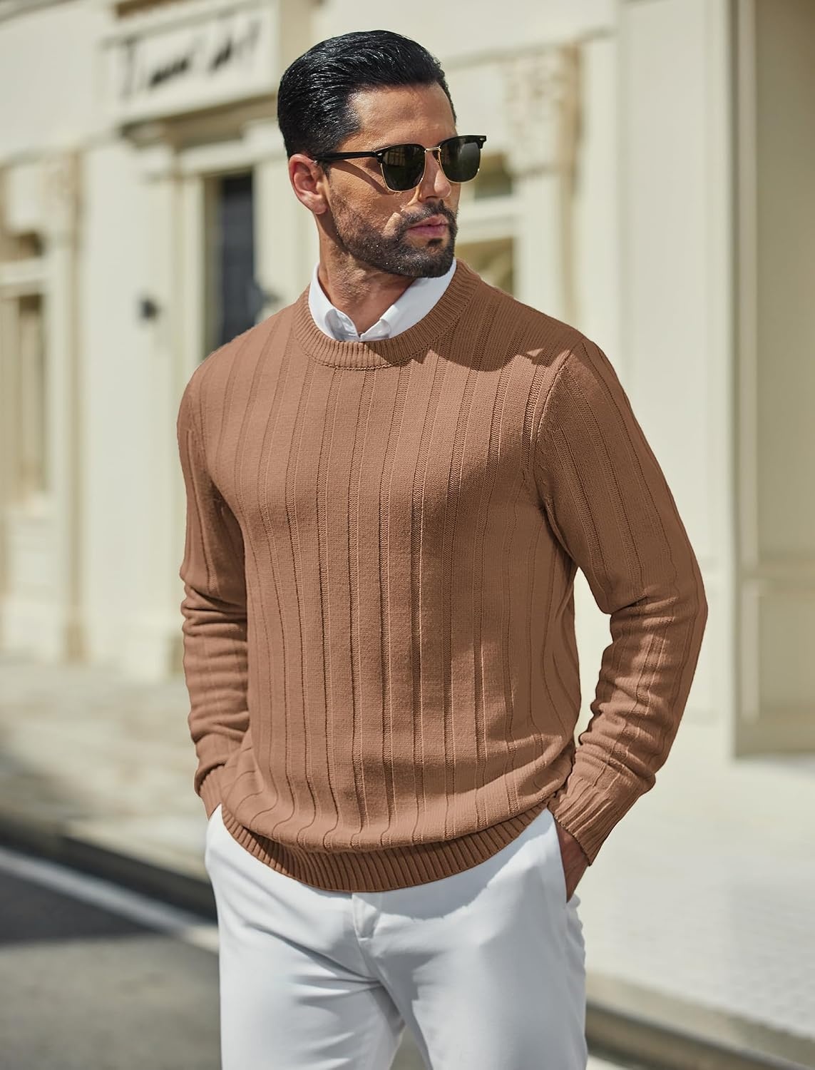 image:imageCOOFANDY Mens Sweater Crewneck Ribbed Knit Soft Warm Pullover SweaterCaramel