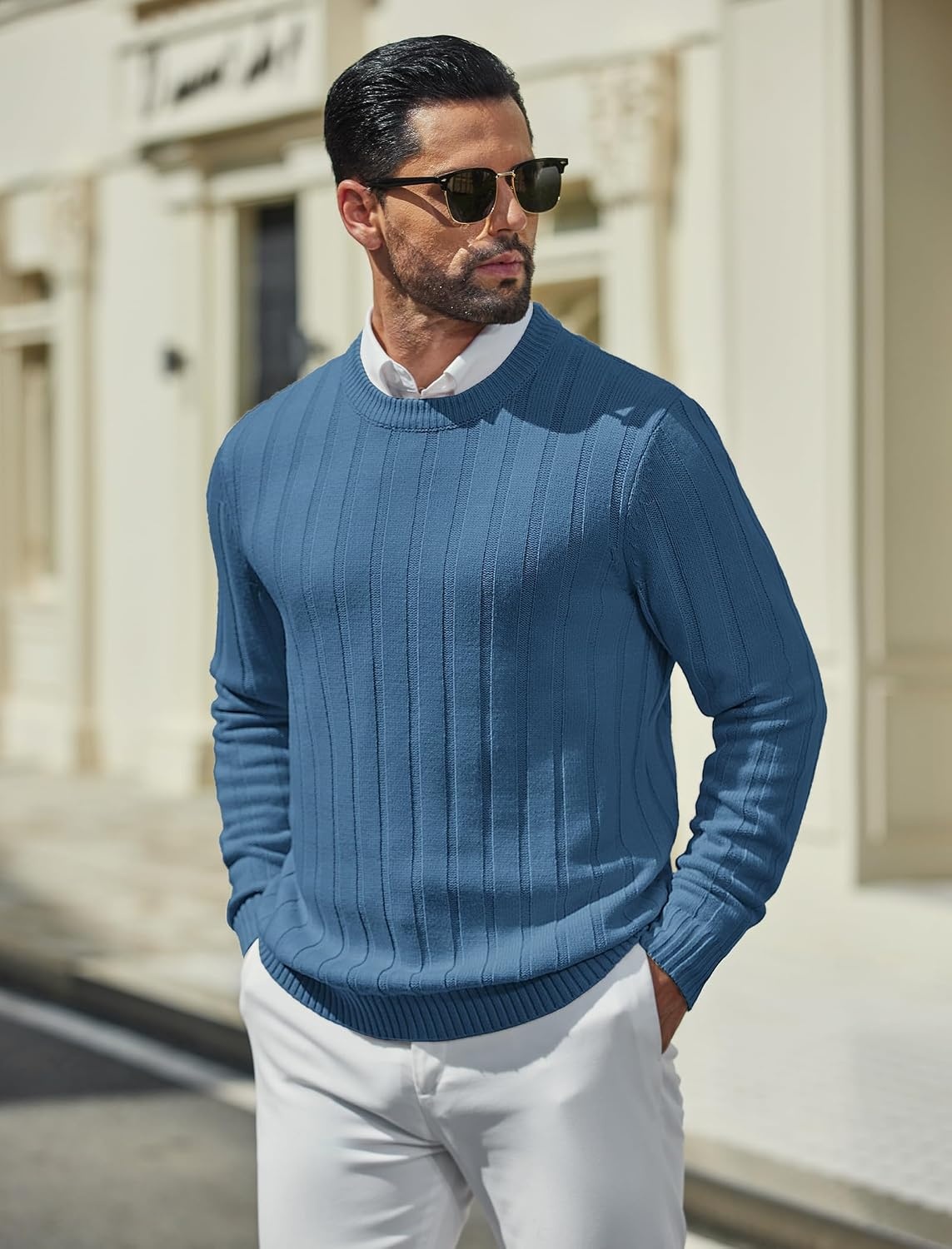 image:imageCOOFANDY Mens Sweater Crewneck Ribbed Knit Soft Warm Pullover SweaterDark Blue