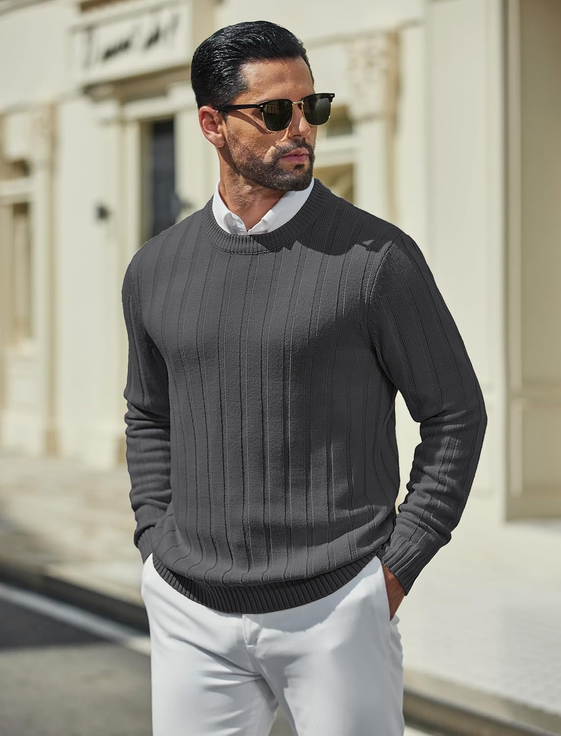 image:imageCOOFANDY Mens Sweater Crewneck Ribbed Knit Soft Warm Pullover SweaterDark Gray