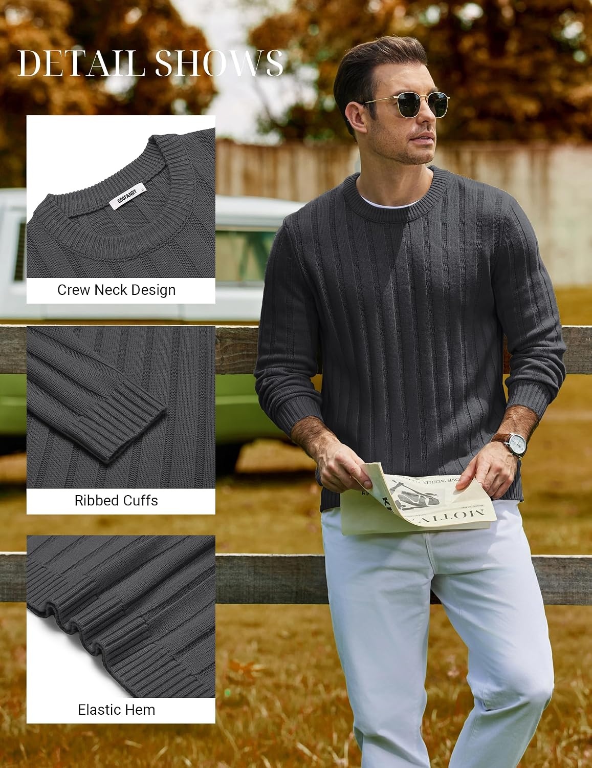 image:imageCOOFANDY Mens Sweater Crewneck Ribbed Knit Soft Warm Pullover SweaterDark Gray