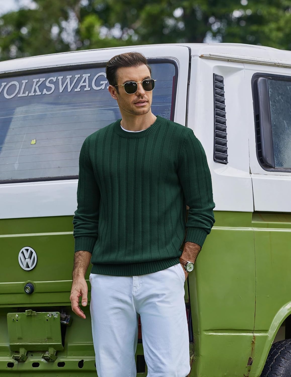 image:imageCOOFANDY Mens Sweater Crewneck Ribbed Knit Soft Warm Pullover SweaterDark Green