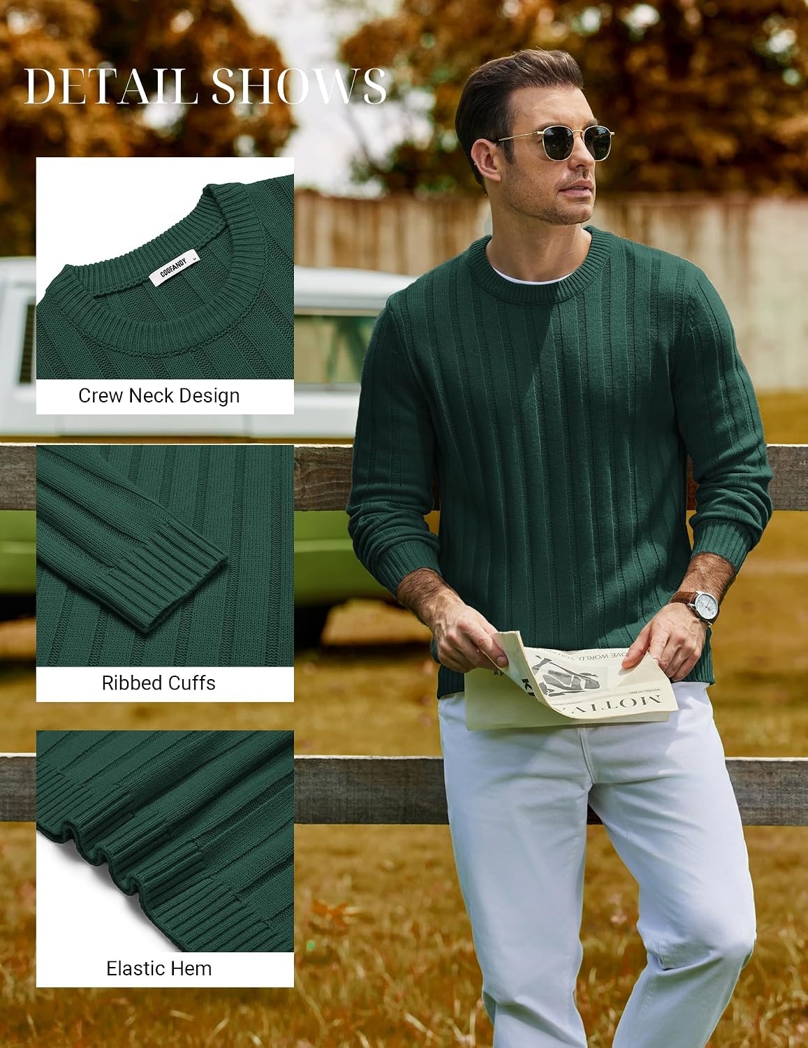 image:imageCOOFANDY Mens Sweater Crewneck Ribbed Knit Soft Warm Pullover SweaterDark Green
